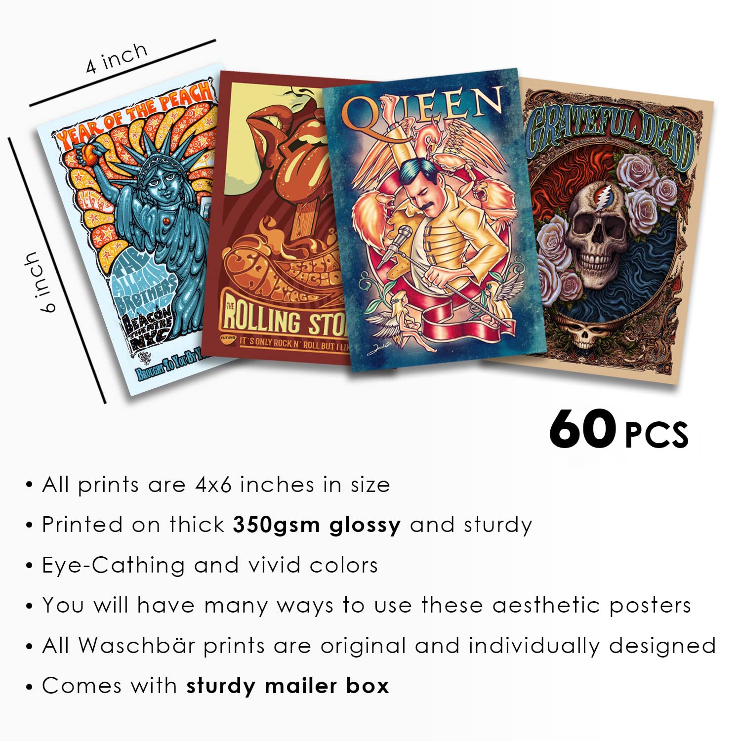 60PCS Vintage Rock Wall Collage Kit, 4X6'' Rock Band Posters, Retro