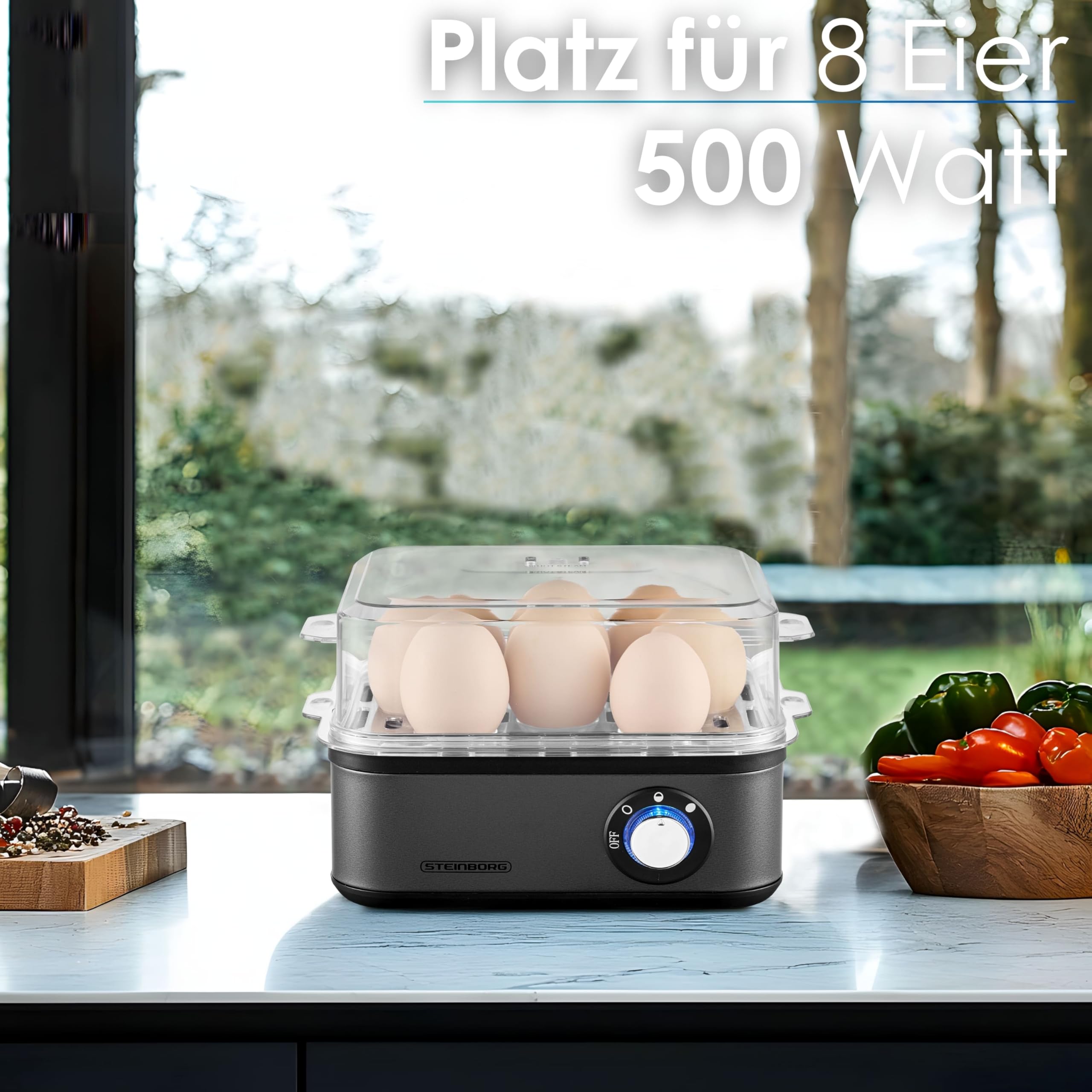 Cuiseur à œufs pour 1 à 8 œufs - Fonction maintien au chaud - Cuiseur à œufs électrique en acier inoxydable - 500 W - 3 niveaux de dureté - Sans BPA et passe au lave-vaisselle - Interrupteur rotatif