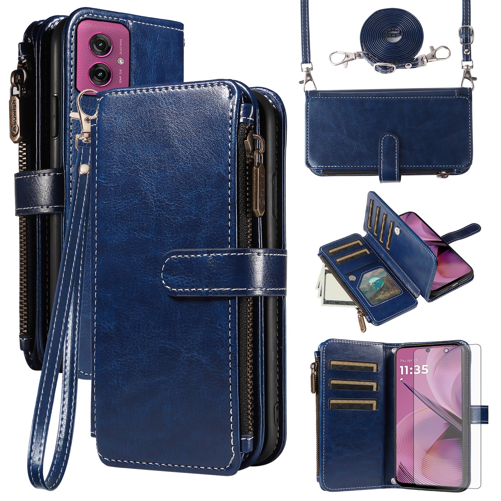 Asuwish Handyhülle für Motorola Moto G55 5G Hülle mit Band Folie Schutzfolie Kartenfach Klappbar Leder Geldbörse Ständer MotoG55 G 55 Handy Hüllen Schutzhülle Reißverschluss Wallet Phone Case Blau