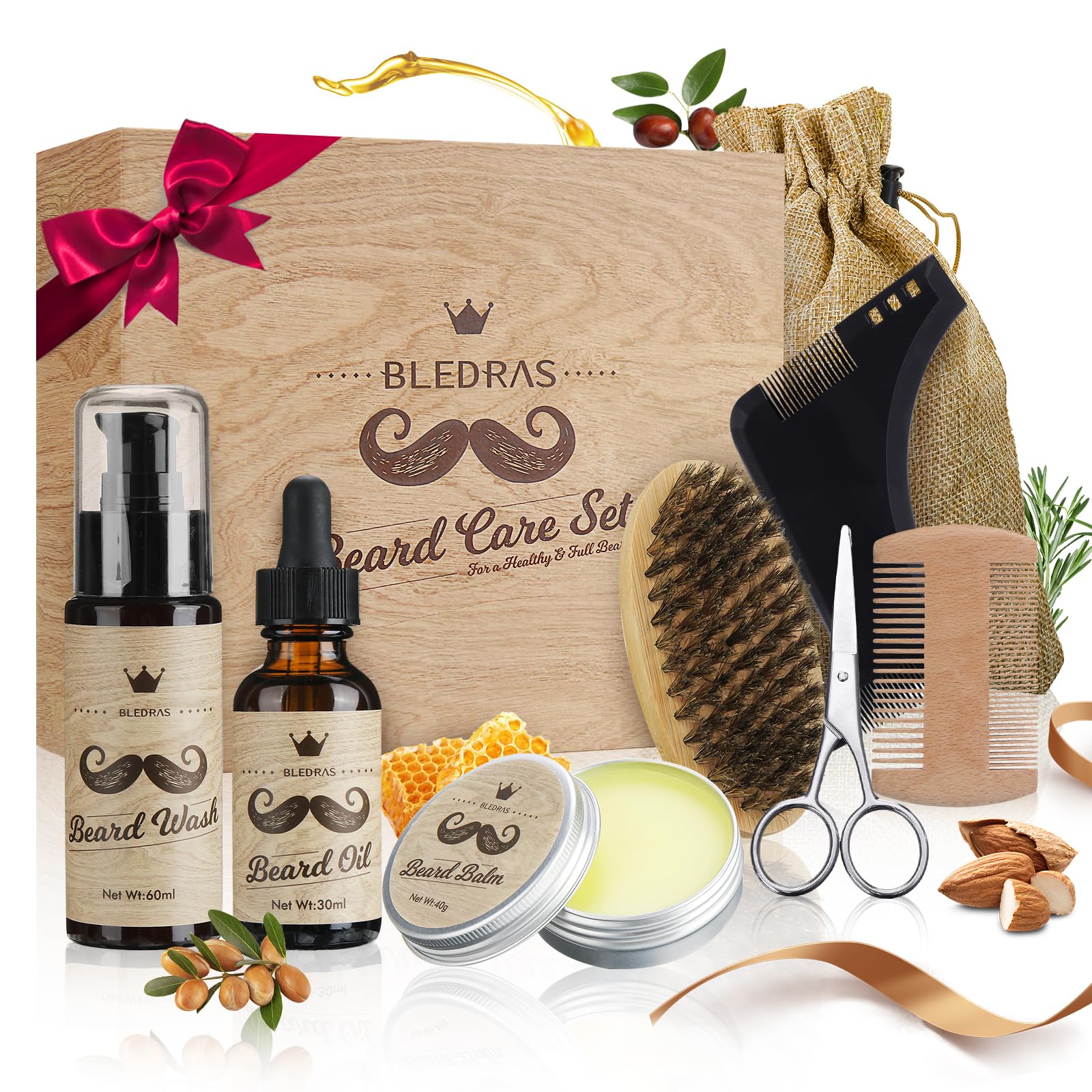Kit Barbe Homme 9pcs - Bledras Kit de Soin Barbe Homme Complet-Soins Entretien Barbe -Huile Barbe, Shampoing, Baume, Peigne, Ciseaux, Pochoir,Brosse,Sac - Coffret Cadeaux Noël Hommes Original