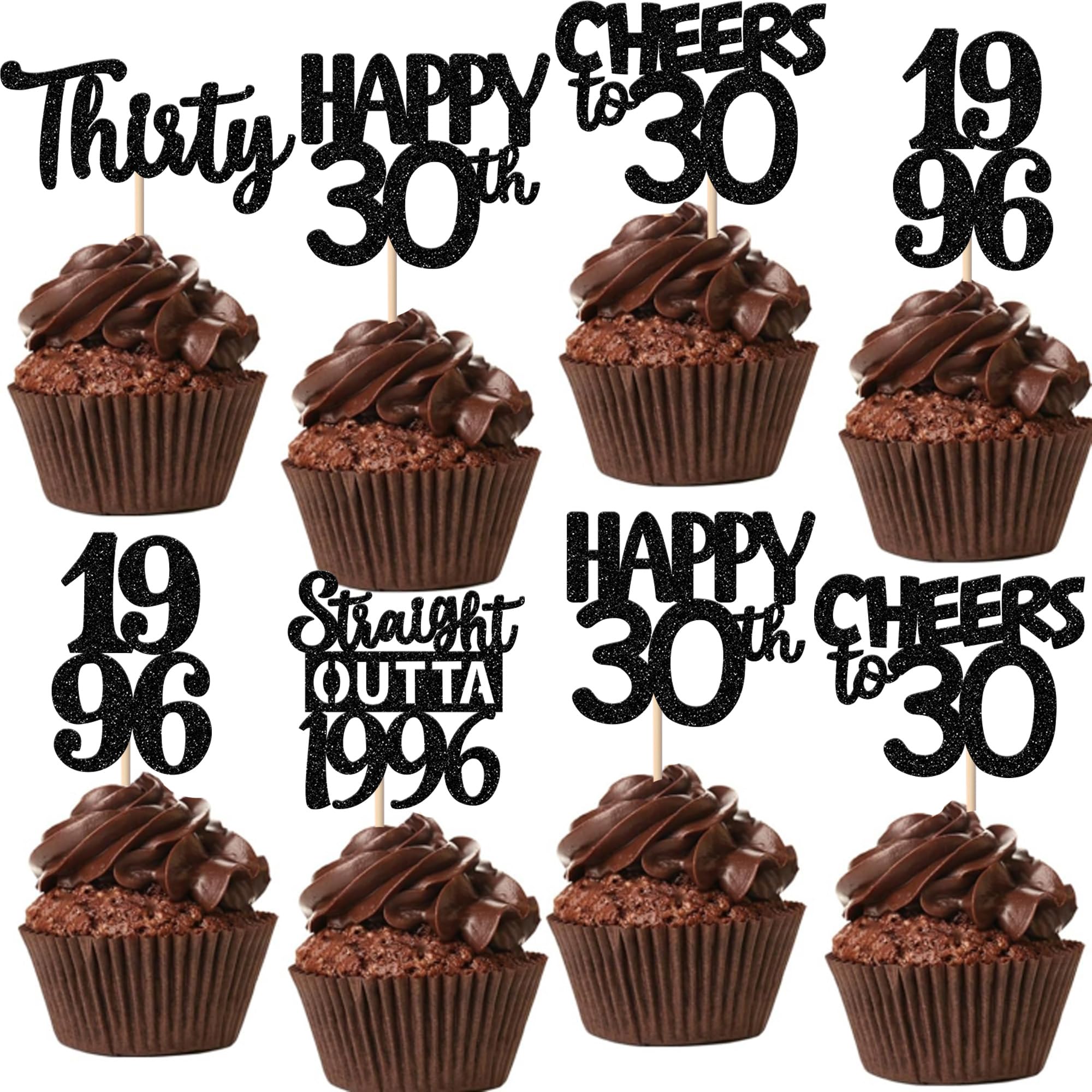 Xsstarmi 30 Pack Happy 30th Birthday Cupcake Toppers Black Glitter Thirty Straight Outta 1996 Cupcake Picks for Cheers to 30 Years 30th Birthday Anniversary Party Cake Decorations