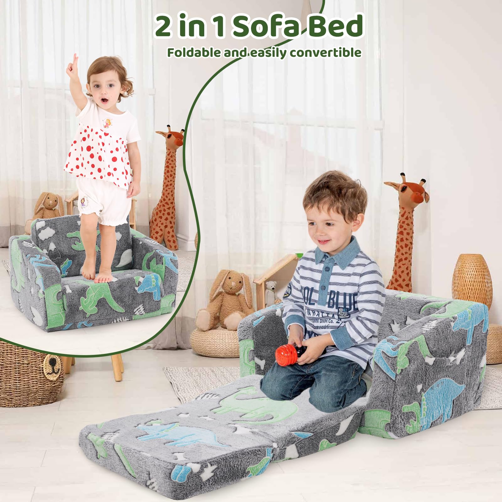 Poltroncina bambini, 2 in 1 divano per bambini, pieghevole, divano letto, rimovibile e lavabile, mini divano da gioco per ragazzi e ragazze, cameretta dei bambini, motivo dinosauro
