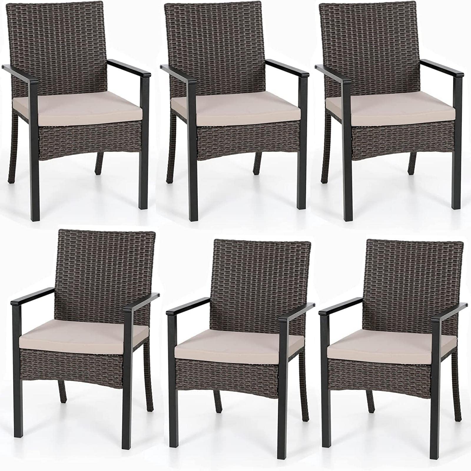 PHI VILLA Outdoor Wicker Chairs Set of 6, Rattan Covered Metal Armchairs with Removable Cushion, Heavy Duty Furniture Set for Patio, Deck, Porch, Yard