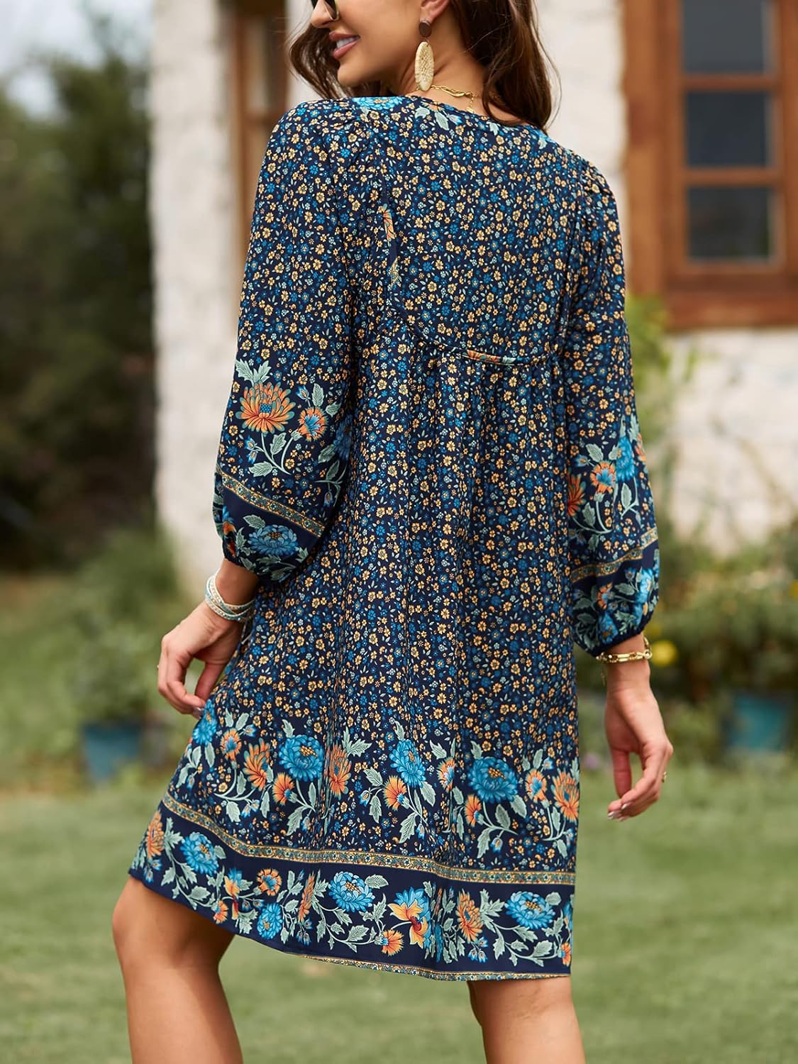 Qearal Women's Casual V Neck 3/4 Sleeve Boho Floral Printed Loose Short Flowy Summer Beach Vacation Dress - Image 4