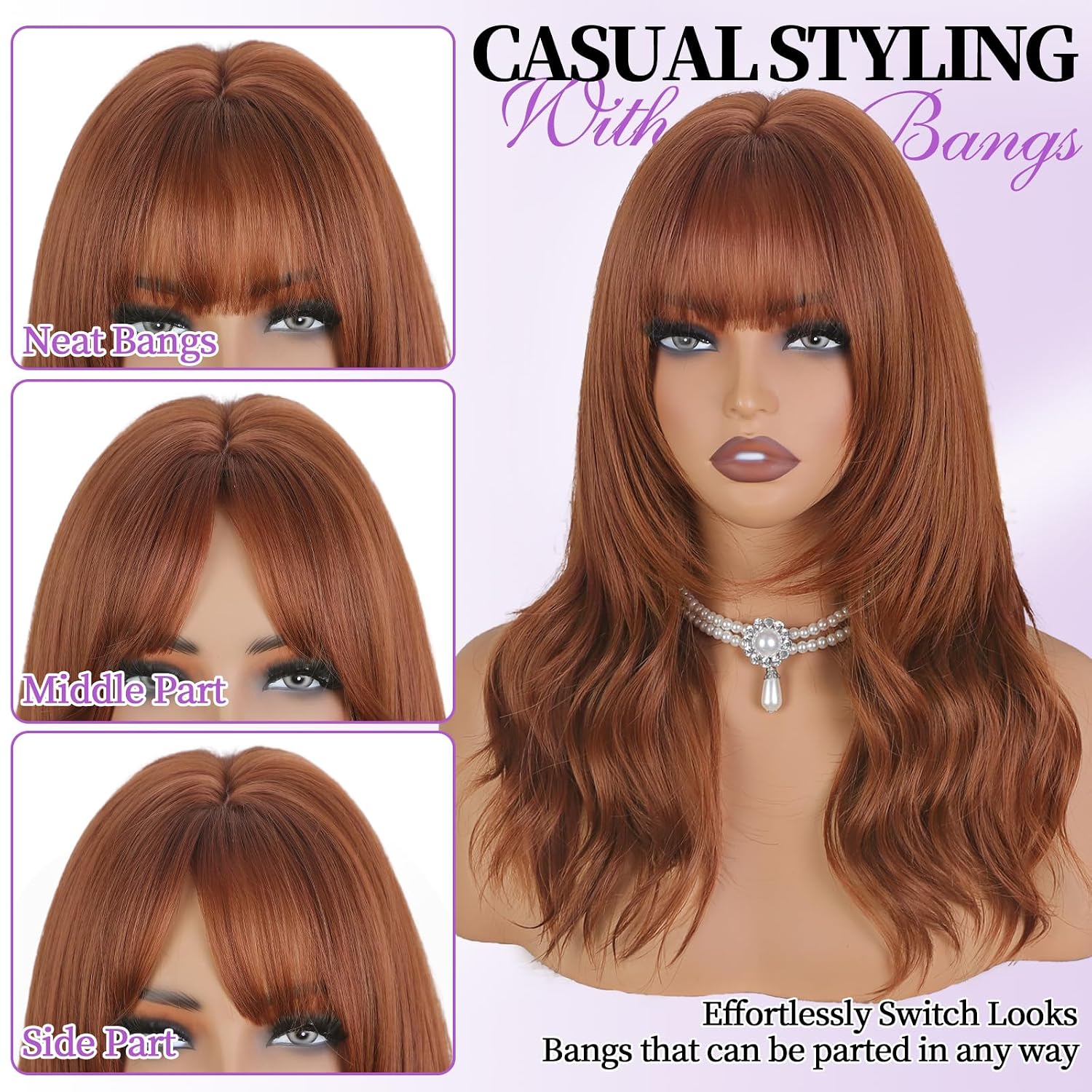XIXIBI Ginger Wigs for Women, Layered Curly Wavy Wig with Bangs, Beginners Friendly 4x4 Realistic Scalp Free Parting, Realistic Heat Resistant Natural Bangs Wig for Daily Party Cosplay Use 18Inch