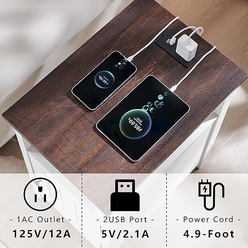 Miniatura 3 de Juego de 2 mesitas de noche de granja, mesa auxiliar con estación de carga, mesa auxiliar rústica con puerta de granero y estantes abiertos, mesita