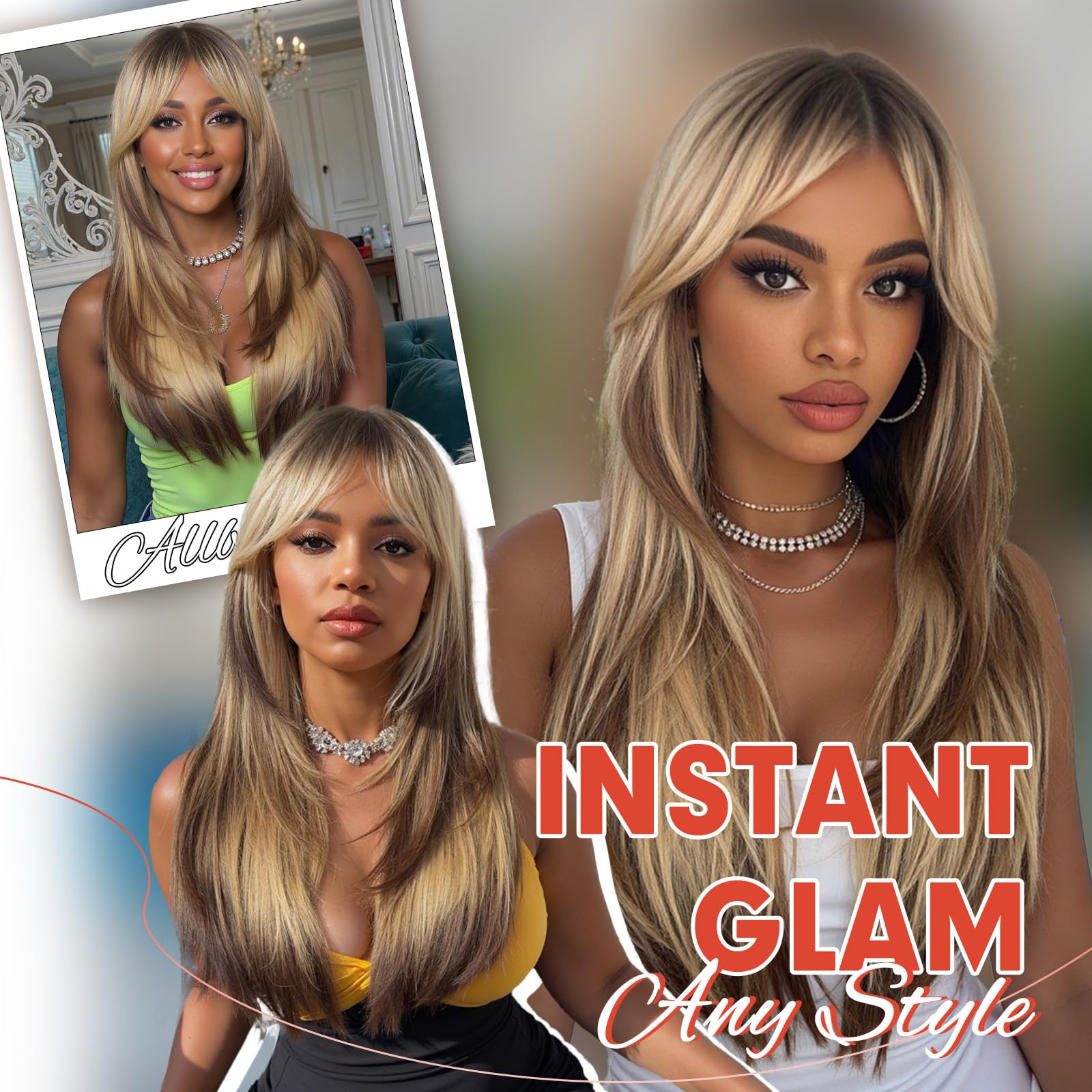 Wigs for Women Layered Synthetic Hair Wig with Highlight - Blonde with Brown Roo Amazon.com : Allbell Long Straight Wigs for Women Ombre  main image 3