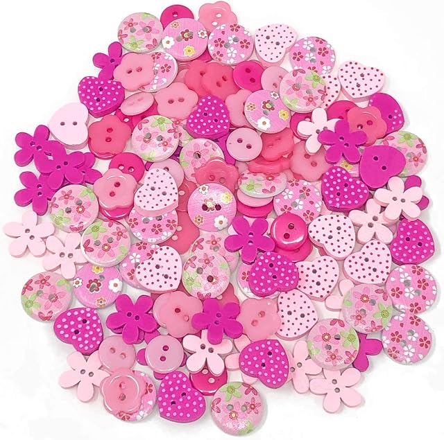 150pcs Pink Mix Wood Acrylic & Resin Buttons For Cardmaking Embellishments