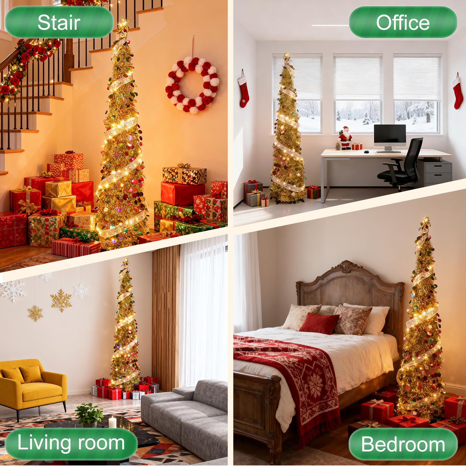 Albero di Natale 150cm pop up dorato slim con paillettes rosse e verdi, albero di Natale pieghevole per caminetto, soggiorno, ufficio, angolo, decorazioni feste, montaggio veloce