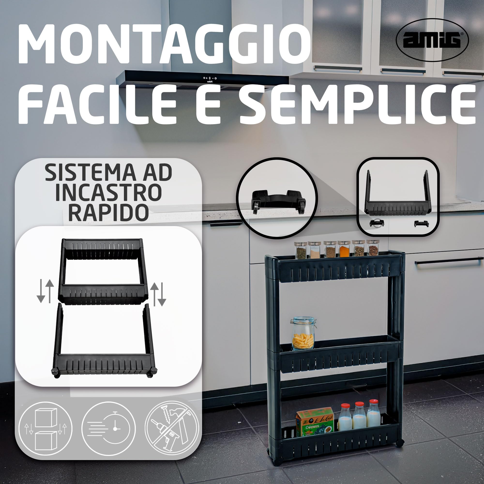 Amig - Carrello stretto con ruote Böken - Nero - 54 x 12 x 78 cm - Carrello ausiliario per ripostiglio - Unità di stoccaggio a 3 livelli per bagno