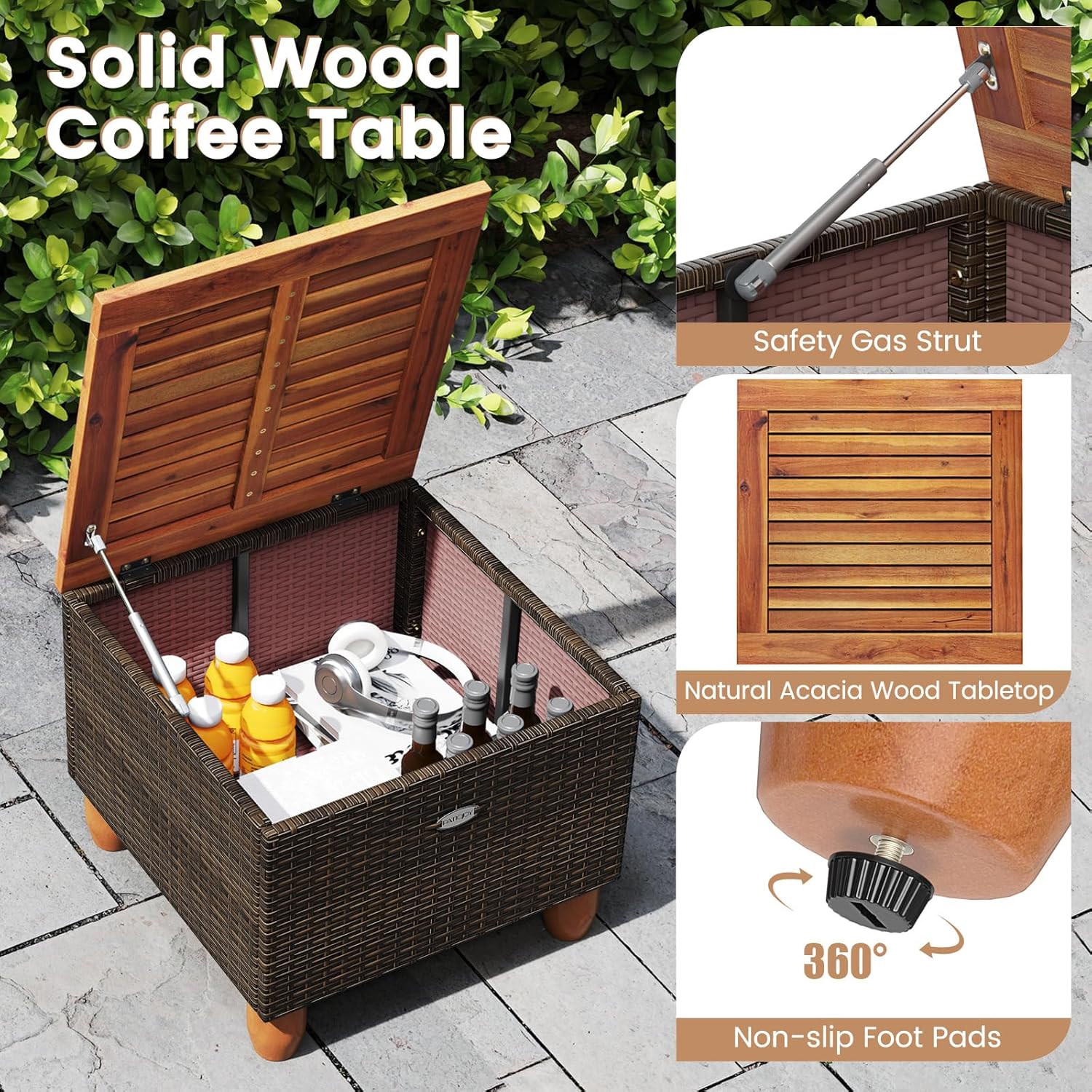 RELAX4LIFE 3-Piece Patio Furniture Set - Rattan Wicker Chairs w/Cushions, Acacia Wood Storage Coffee Table, Outdoor Conversation Furniture for Balcony, Bistro Table & Chairs Set of 2 (Brown-Beige)