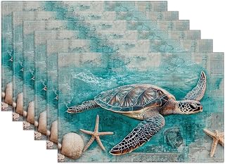 Sea Turtle Starfish Shell Placemats Set of 6, Marine Ocean Washable Linen Place Mat Heat Resistant Non Slip Kitchen Dining Table Mats 12x18 Inch