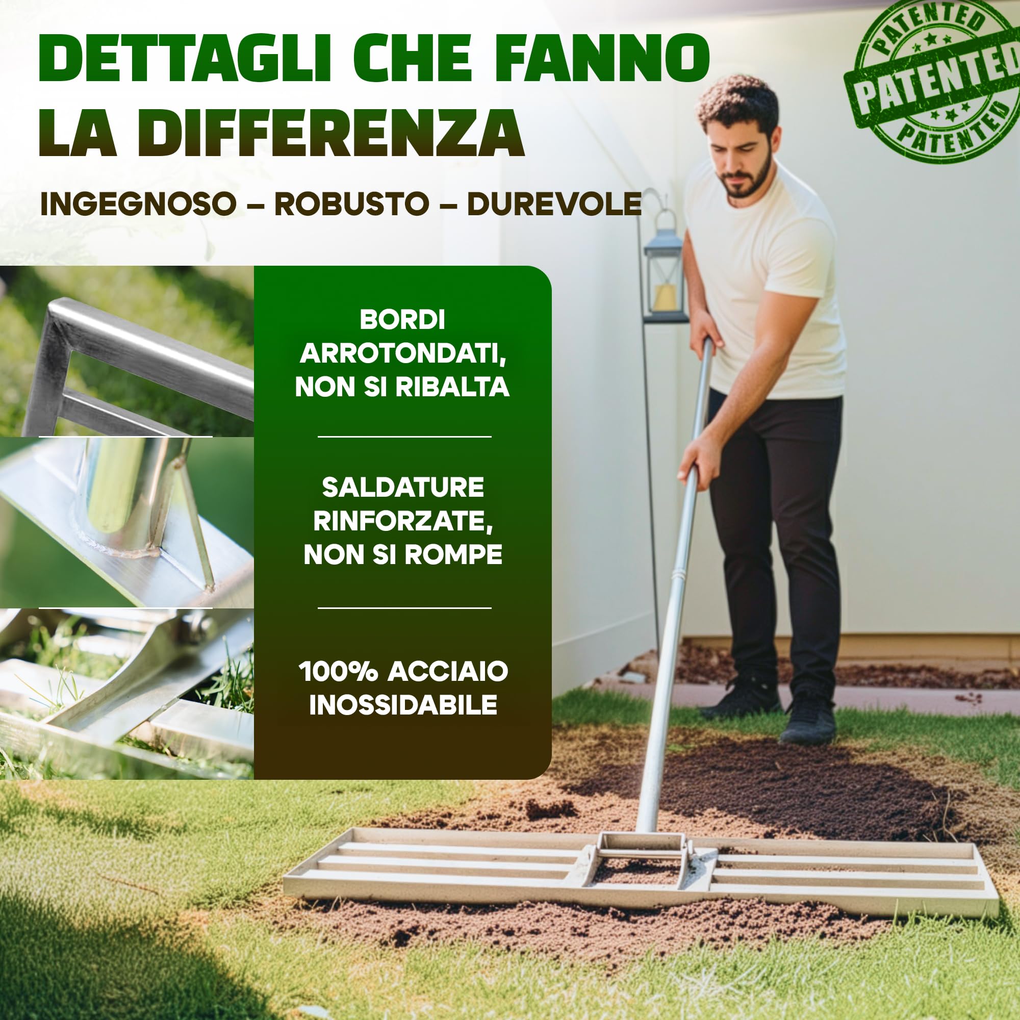 Rastrello Livellatore per Prato 80x30cm + Arieggiatore Prato | 100% acciaio inossidabile - Arieggiatore per prato sarchiatore per erbacce scarificatore per prato togli erbacce livellatore
