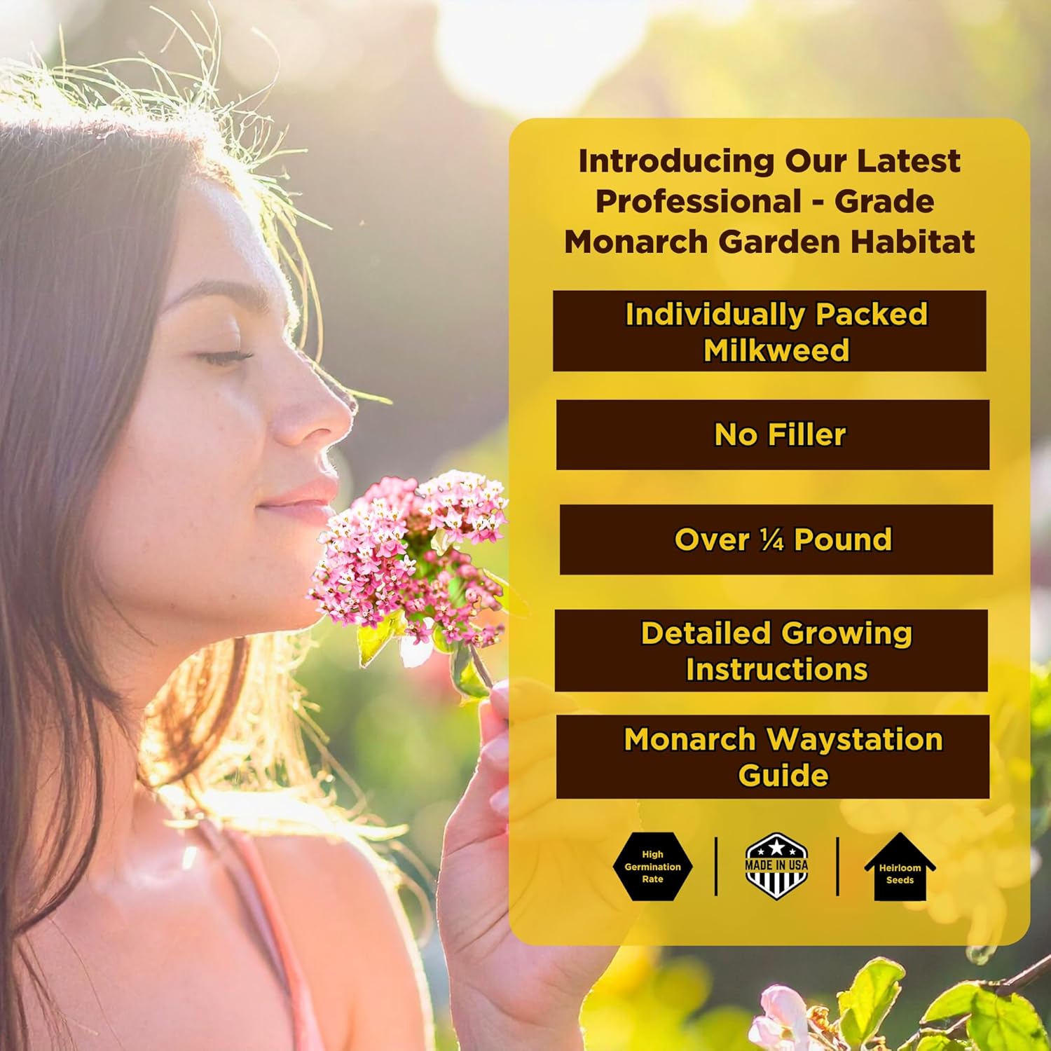 Monarch Butterfly Garden Kit with Milkweed Seeds–Perennial Flower Seeds to Plant Outside| 1/4 Pound Pure Bulk Wildflower Seeds | Garden Seeds for Attracting Pollinators | Seed Packets for Spring/Fall