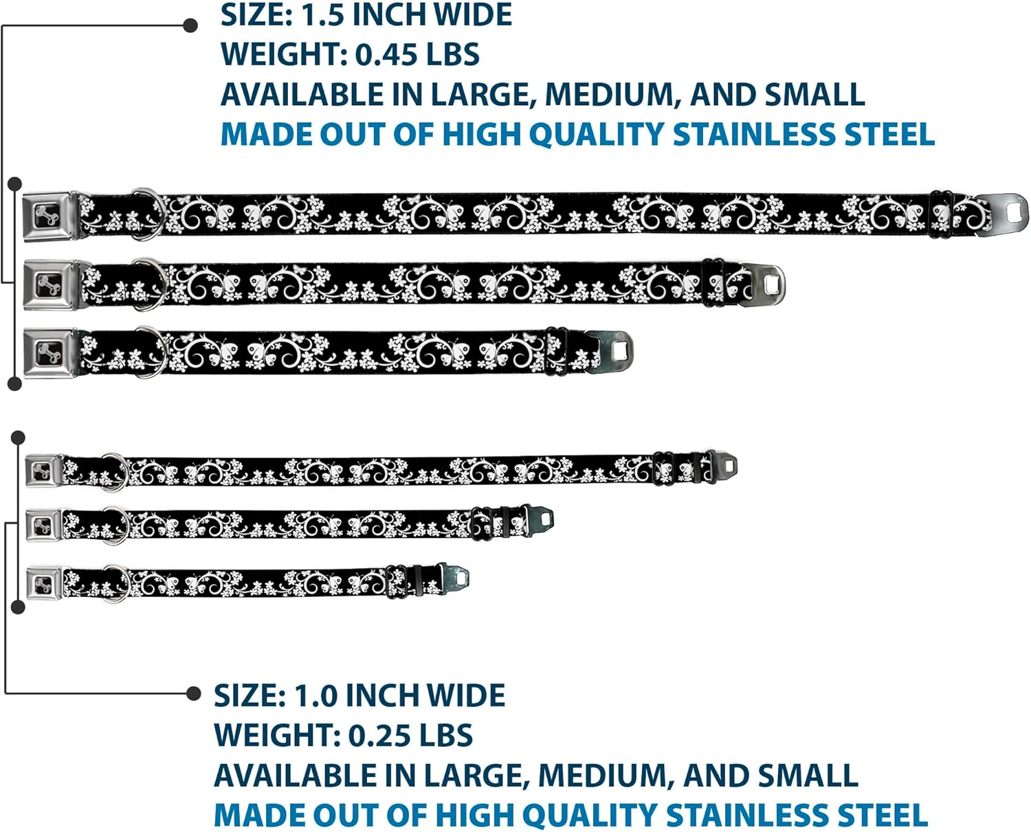 Buckle-Down Seatbelt Buckle Dog Collar - Butterfly Garden2 Black/White - 1" Wide - Fits 15-26" Neck - Large