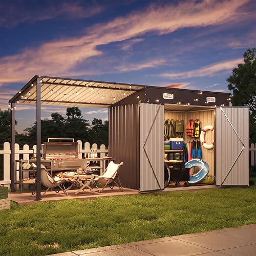 Aoxun 12x4FT Outdoor Lean to Shed & Hardtop Gazebo Black | 6'x3.5' Metal Storage Shed with 6'x3.5' Pergola, 2-in-1 Durable Garden Tool Shed for Patio, Backyard, Deck