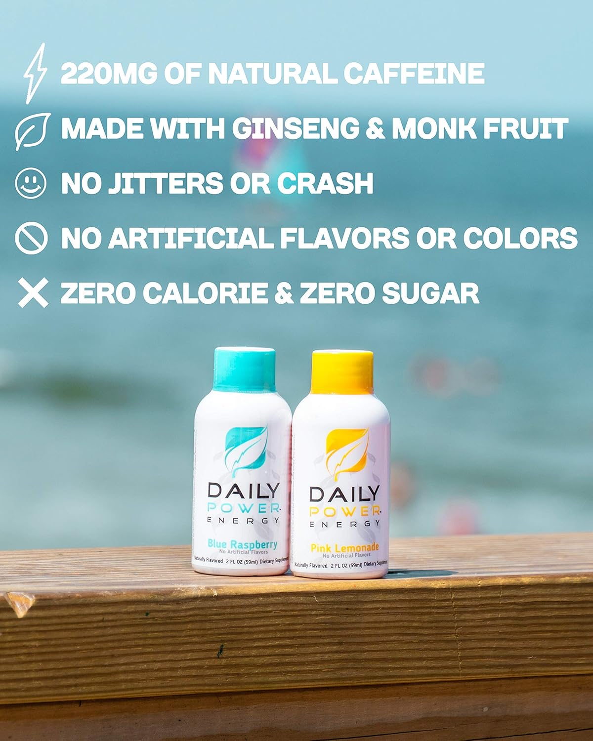 DailyPower Energy Shot - 220mg of Natural Caffeine from Green Coffee Bean, Ginseng, Monk Fruit, Stevia, Amino Acids, B-Vitamins, Zero Sugar & Zero Calorie - 12 Pack (Blue Raspberry) : Health & Household