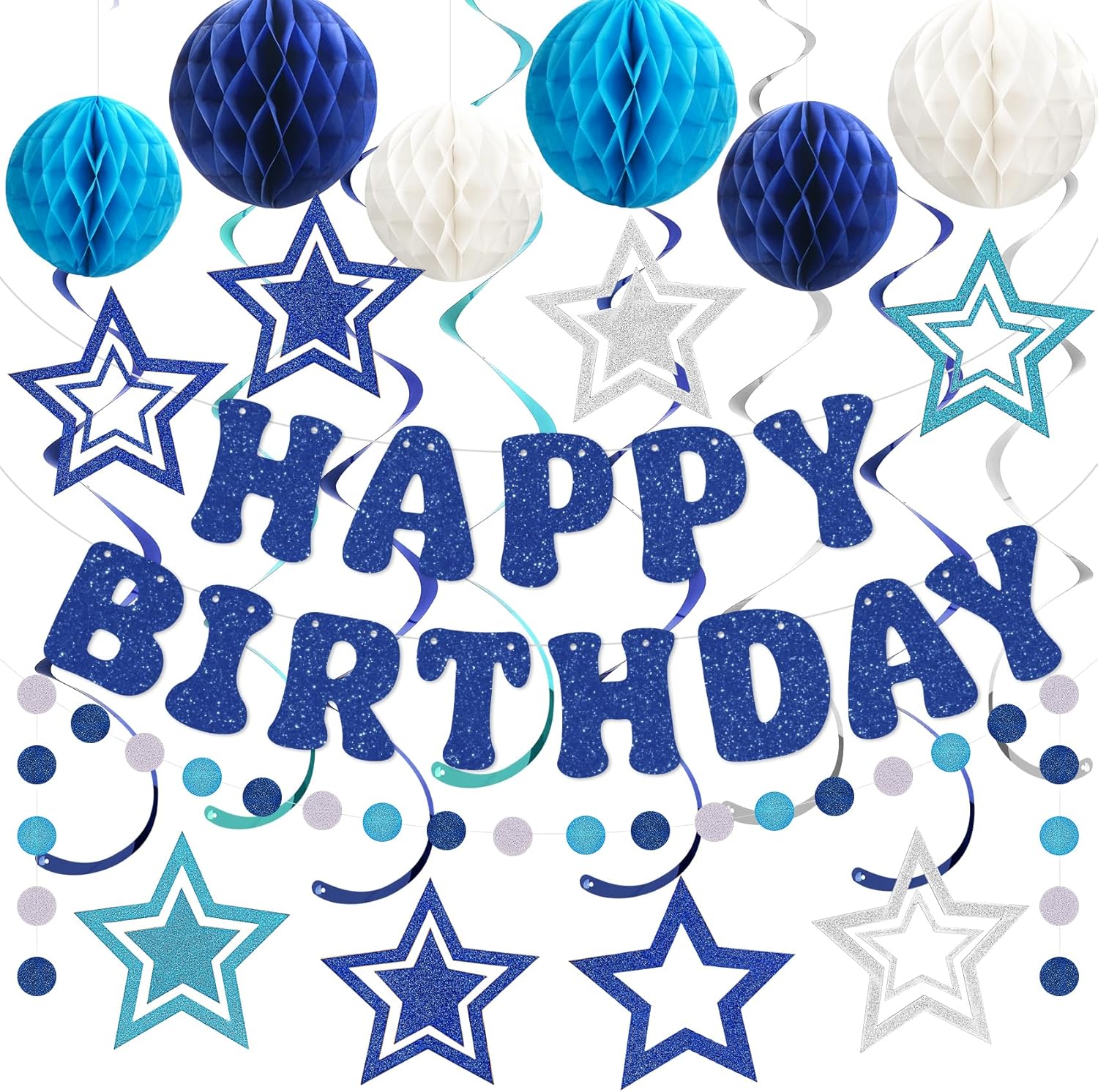 Amandir Birthday Decorations for Boys Men, Glitter Happy Birthday Banner with Honeycomb Balls, Star Hanging Swirls Streamers, Circle Dots Garland, Blue Birthday Party Decorations Supplies Girls Women