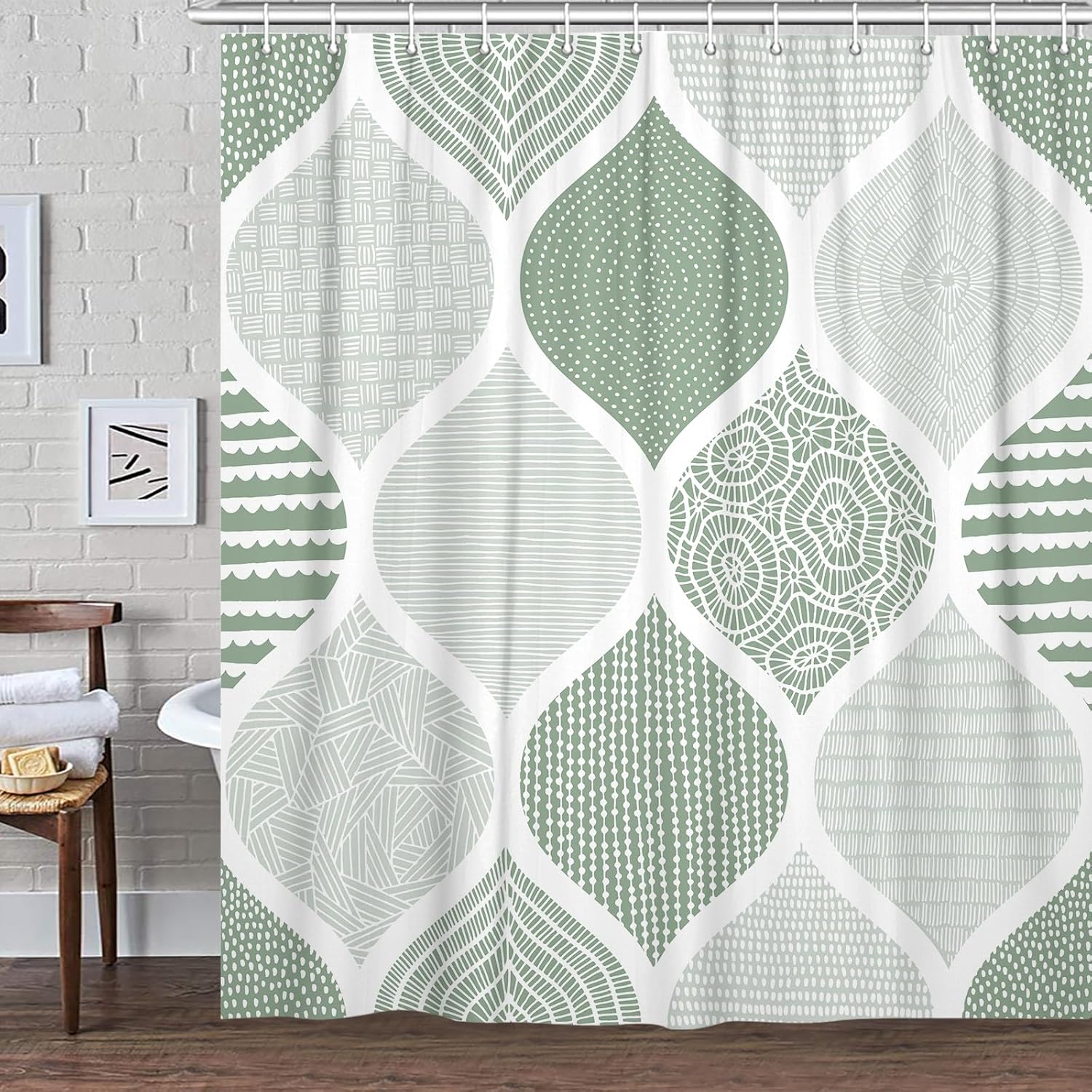 Green and Grey Shower Curtain, Mint Green Retro Bohemian Geometric Fabric Shower Curtains Set for Bathroom Decorative, Boho Modern Abstract Paisley Restroom Decor Accessories with Hooks 72X75 Inch
