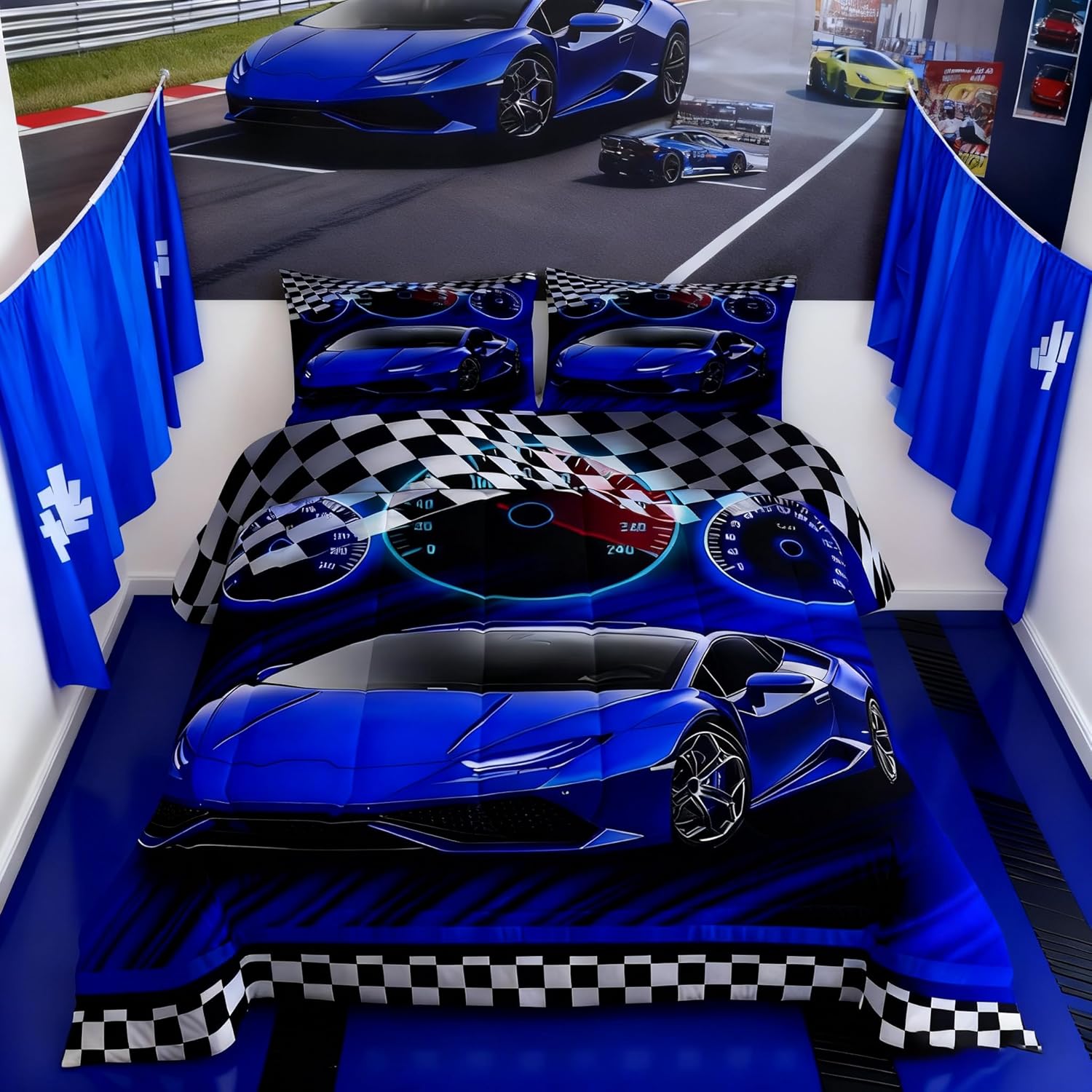 Feelyou Blue Race Car Bedding Set for Kids Boys Girls Twin Size Extreme Sports Comforter Set Teen Adult Ultra Soft Speed Sports Car Comforter Cool Car Duvet Quilt Bedroom Decor Racing Car Quilt