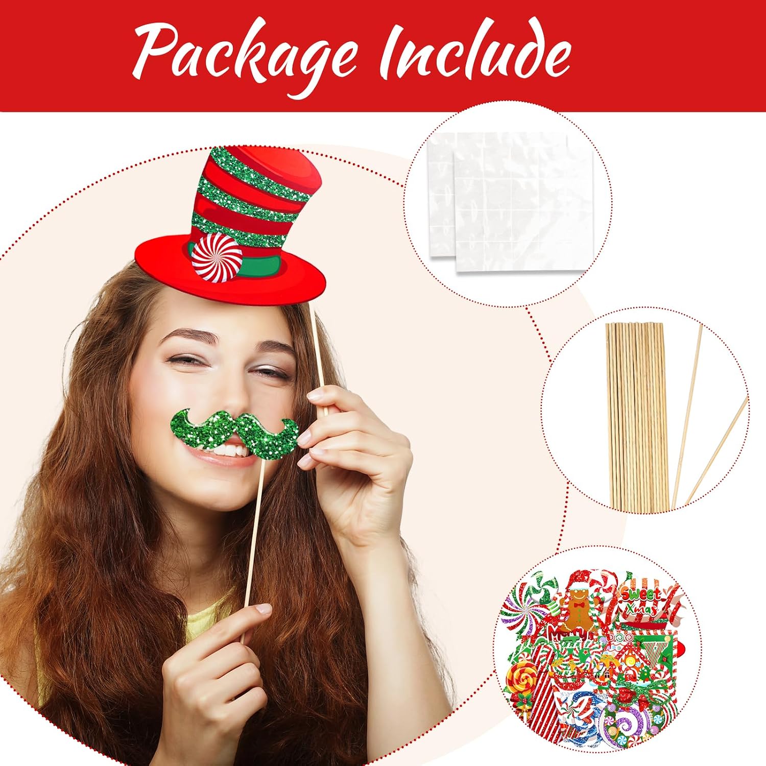 HOWAF 30pcs Glittery Photo Booth Props - Peppermint Candy & Lollipop Themed Selfie Props for Sweet Xmas Party Decorations