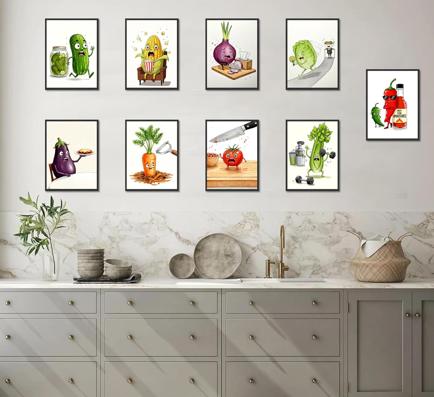 9Pcs Funny Weird Kitchen Wall Art Cute Cool Colorful Food Vegetable Painting Picture Wall Decor Whimsical Pickle Eclectic Food Art Poster Print Artwork for Modern Dining Room Home Decoration Unframed - Image 3