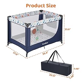 Pamo Babe Travel Foldable Portable Bassinet Baby Infant Comfortable Play Yard Crib Cot with Soft Mattress Breathable Mesh Walls, and Carry Bag Blue