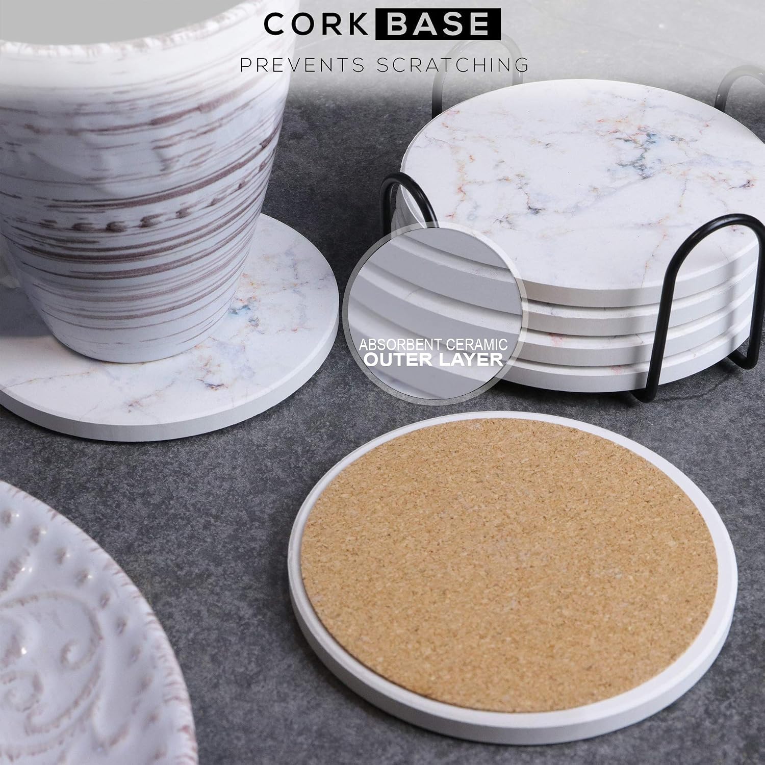 WZDOM Coasters for Drinks Absorbent with Holder - Ceramic Stone Drink Coasters with Cork Base Prevents Furniture Scratches - Absorbent Coaster Set - Housewarming Gift - Set of 6 Ice White Coasters