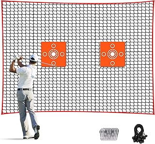 Golf Hitting Chipping Practice Barrier Net with 2 Target Cloth, 10x10 ft / 10x 20 ft / 10x15 ft, High Impact Golf Ball Training Netting, Heavy Duty Golf Containment Net for Hockey Baseball Soccer Volleyball Home Garden Backyard