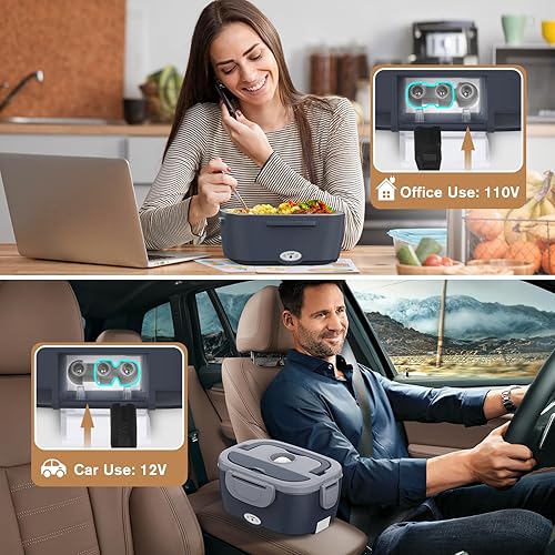 Miniatura 4 de Vabaso Fiambrera eléctrica para adultos, lonchera térmica de 80 W con doble contenedor de acero inoxidable de 1.5 L, calentador de alimentos