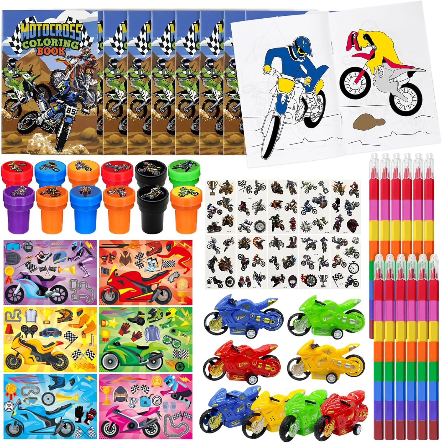 Cinrobiye 72 Pcs Dirt Bike Party Coloring Book Set,Motocross Birthday Party Favors Goodie Bags Fillers, Motorcycle Extreme Sports Party Supplies Stickers Tattoo Prizes Gift for Cross Country Racing