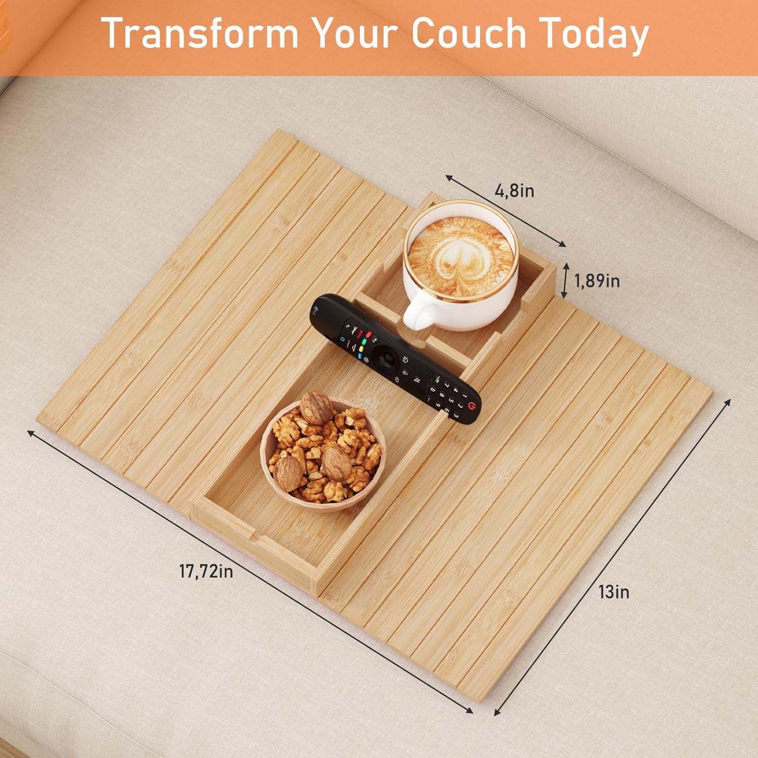 Bamboo Foldable Sofa Armrest Tray with Magnetic Detachable Cup Holder & Anti-Slip Pad | Versatile Couch Arm Table for Drinks, Snacks, Phone, Remote Control Organizer