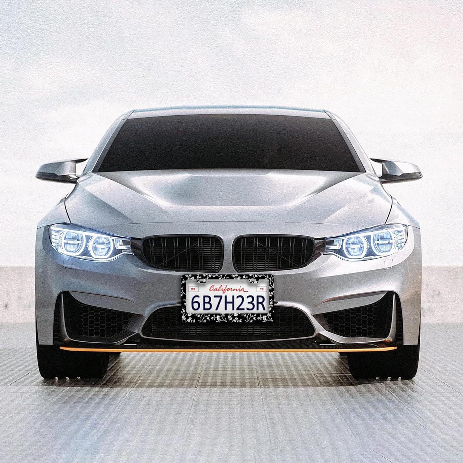 2 Pcs Black White Wild Flowers License Plate Frames - 2 Holes Stainless Steel Metal Auto Car Accessories Decoration License Plate Frame Cover Size 6.3" x 12.2" Fit US Vehicles for Women Men Gift