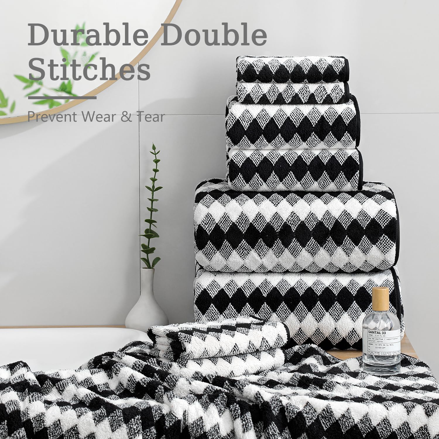 8 Piece Bathroom Towel Set Black White|2 Oversized Large Bath Towels Sheet,2 Hand Towels,4 Washcloths| 600GSM Soft Towel Set for Bathroom Hotel,Highly Absorbent Quick Dry Bath Towel Collections - Image 7