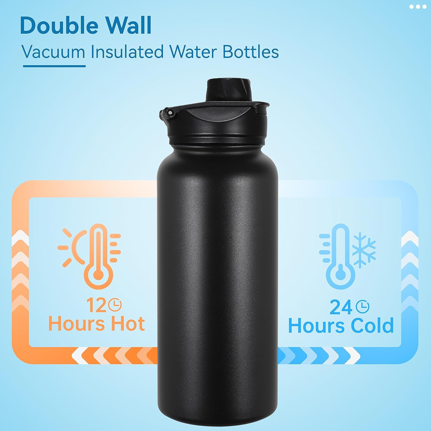 VEGOND 32 oz Insulated Water Bottle Stainless Steel Metal Water Bottles with Leak Proof Straw Lid & Spout Lid, Wide Mouth Double Walled Vacuum Travel Sports Bottle, Black - Image 3