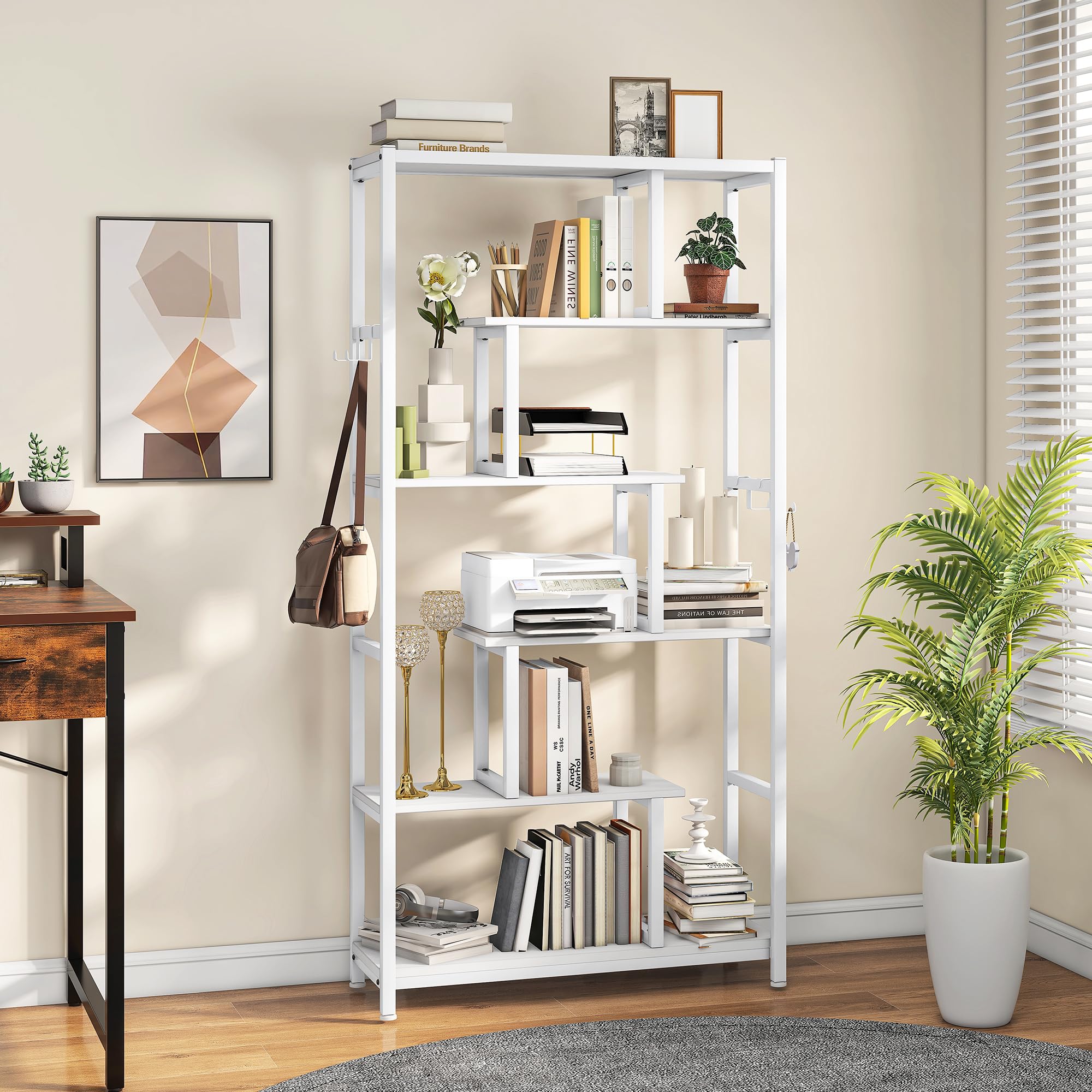 YITAHOME Estantería, Librería Alta de 6 Niveles con 4 Ganchos, Estante de pie Grande, Estantería Industrial con Marco de Acero, para Sala de Estar, Dormitorio, Oficina en Casa, Blanco