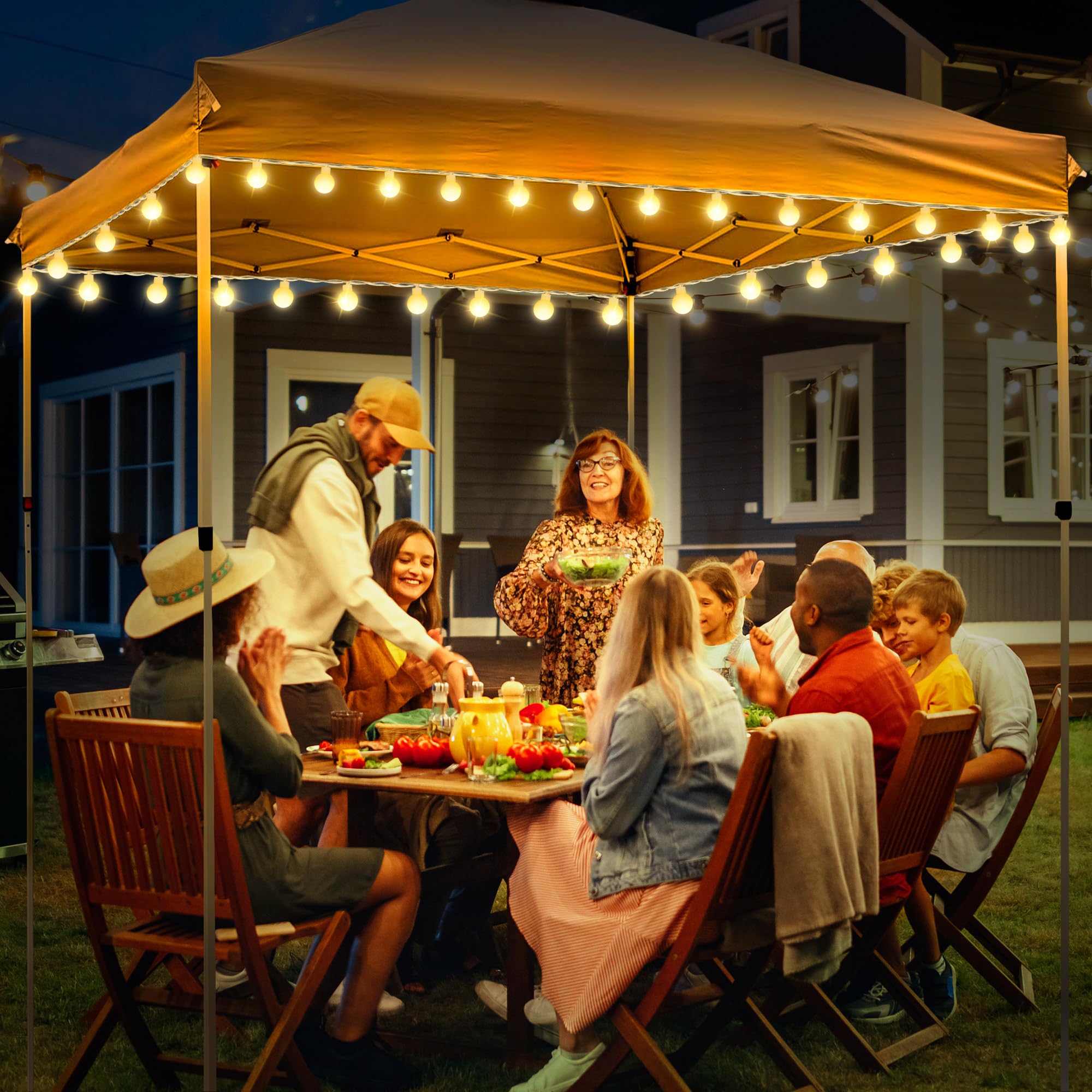 Lot de 2 lampes d'auvent à DEL de 12,2 m, 80 DEL alimentées par piles, lumières d'extérieur avec 8 modes, guirlande lumineuse blanc chaud pour tente d'auvent pop-up de 3 x 3 m