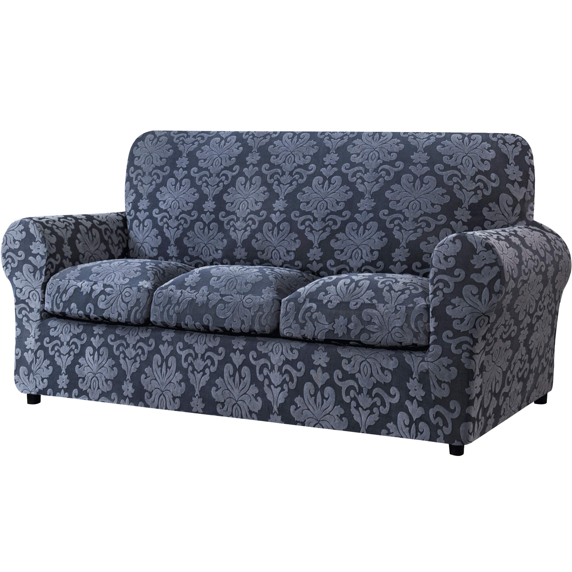 CHUN YI 4 Piece Separate Cushion Sofa Cover, Jacquard Damask Couch Cover for 3 Seaters Sofa, Stretch Spandex Slipcover Elegant Living Room Decor (Dark Blue, Large)