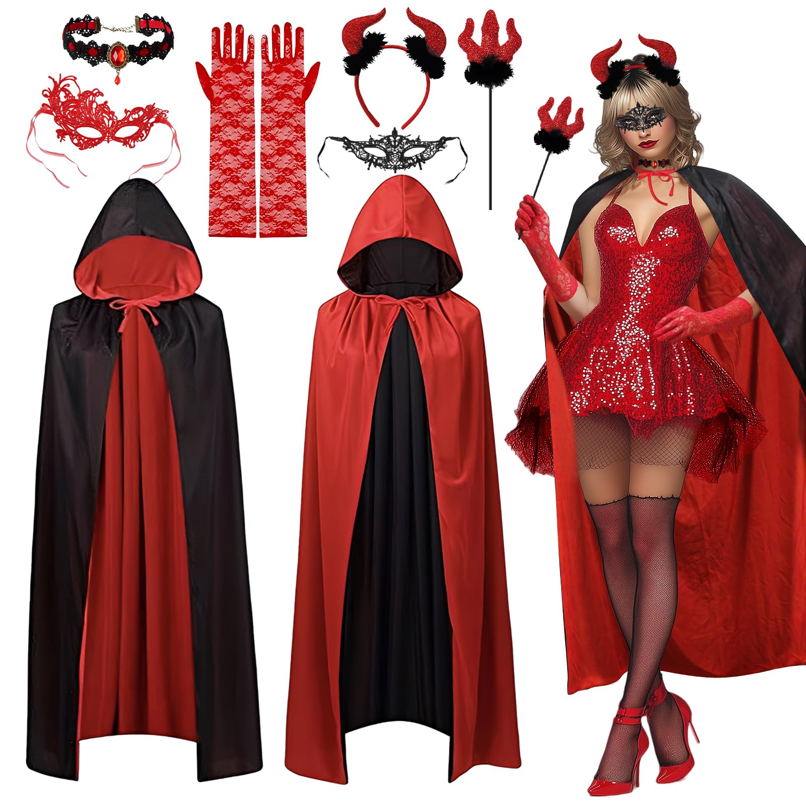 LXWINNER Deguisement Diable Femme, Cape De Vampire D'halloween, Cache-œil En Dentelle, Bas Résille, Gants En Dentelle, Cape De Diable Adulte Femme Costume Pour Halloween Carnaval (Corne Rouge