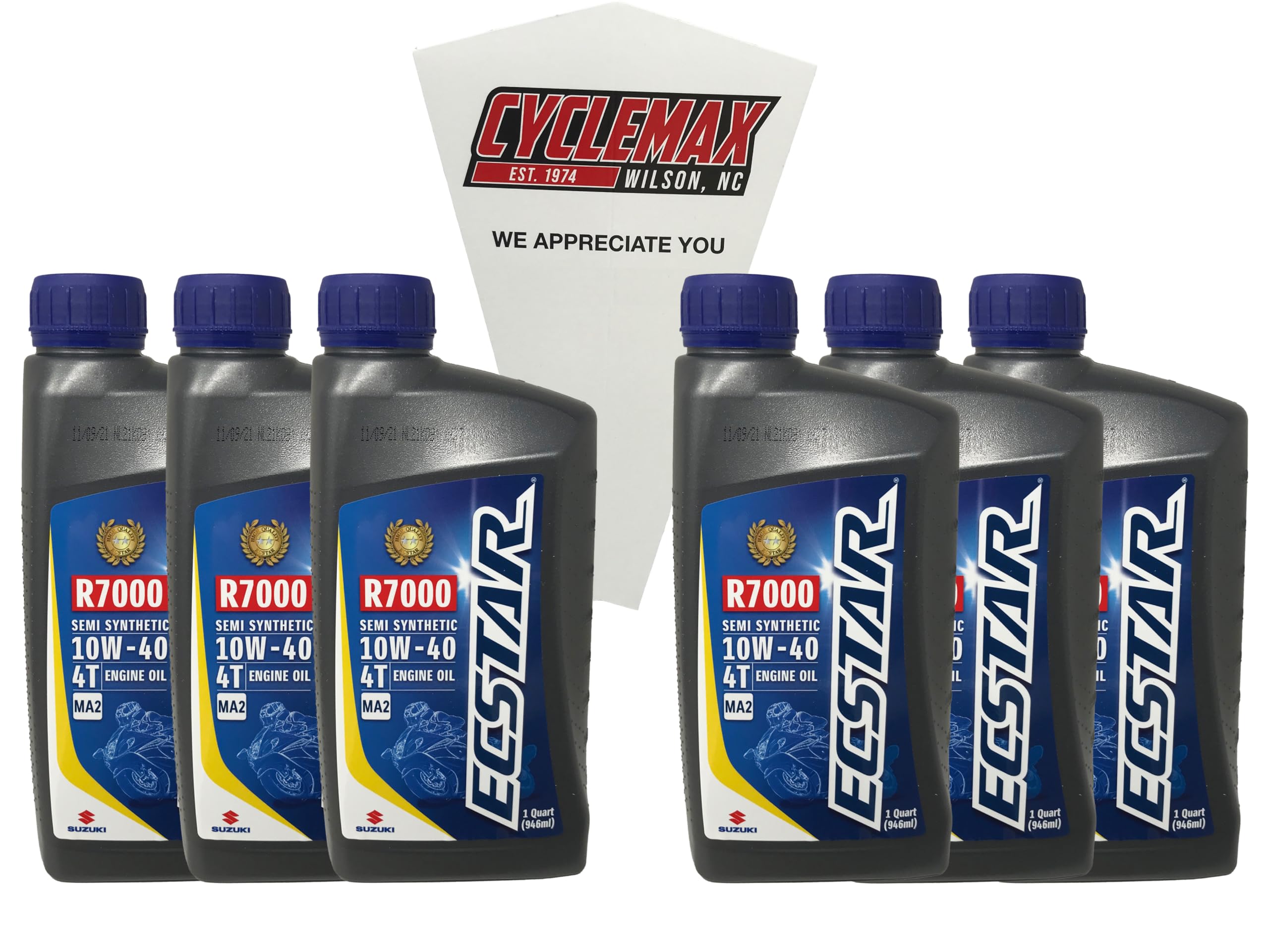 Cyclemax Six Pack compatible with Suzuki Ecstar R7000 10W-40 Semi Synthetic Blend 4-Stroke Motor Oil 990A0-01E30-01Q Contains Six Quarts and a Funnel