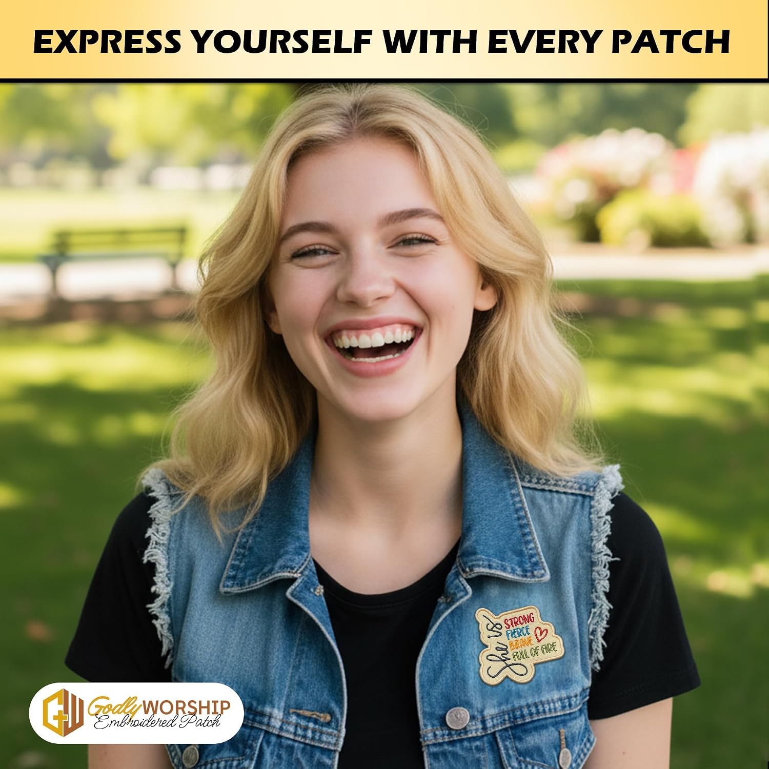 She is Strong Fierce Brave Embroidered Patch Inspirational Fabric Embroidery Patches Motivational Positive Affirmation Iron On Sew On Patches for Clothes Jeans Hats Gifts for Women Girls 3x2.7 Inches