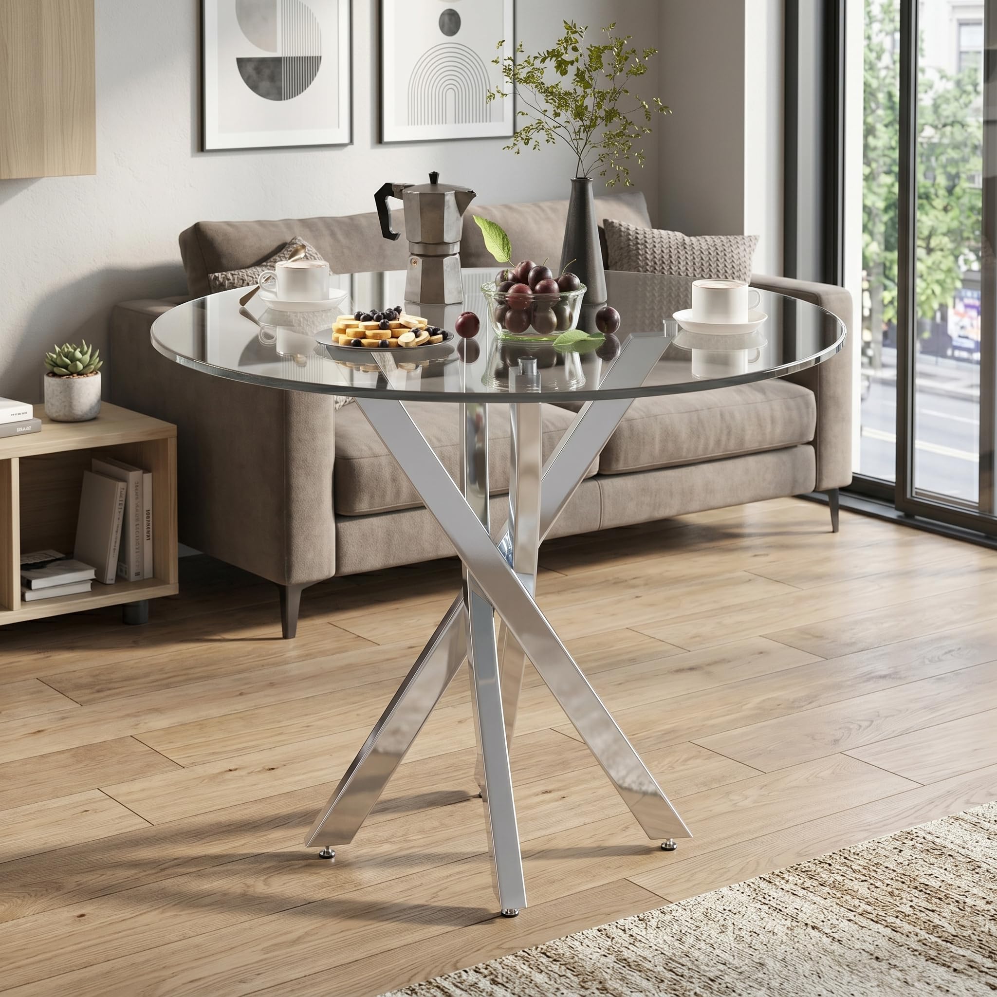 Mesa de comedor redonda de cristal de 80 cm, mesa transparente con patas de metal, mesa de comedor, cristal templado, mesa redonda para el hogar, comedor, sala de estar (redonda plateada)