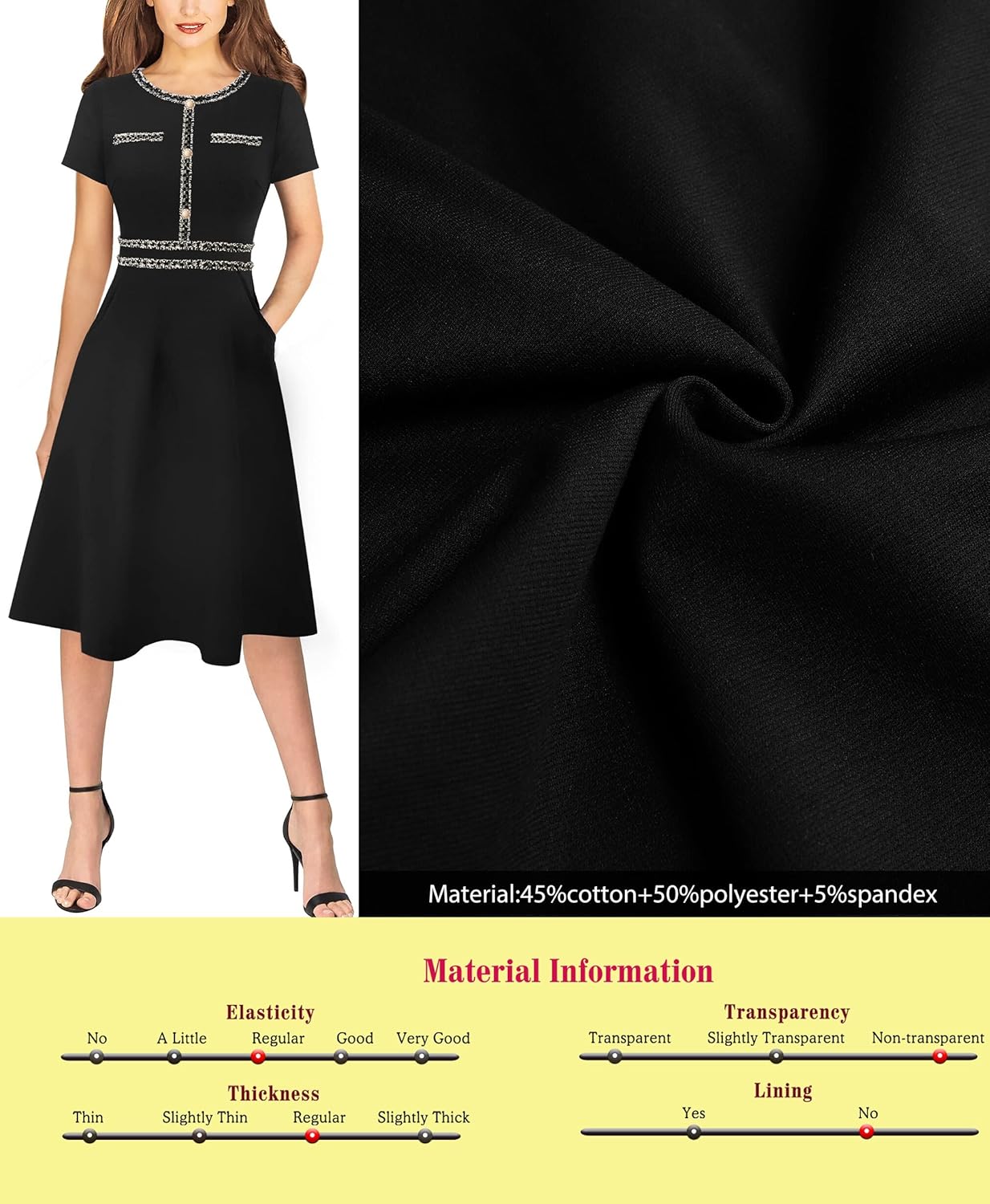 VFSHOW Womens Buttons Pockets Office Business A-Line Dresses Short Sleeve Work Crew Neck Tweed Trim Fit and Flare Swing Dress - Image 6