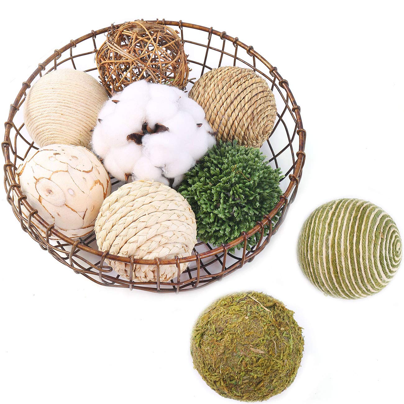 Lot de 9 boules décoratives tricolores multi-matériaux en rotin naturel, boule de coton, utilisée pour remplir un vase, décoration de table (vert)