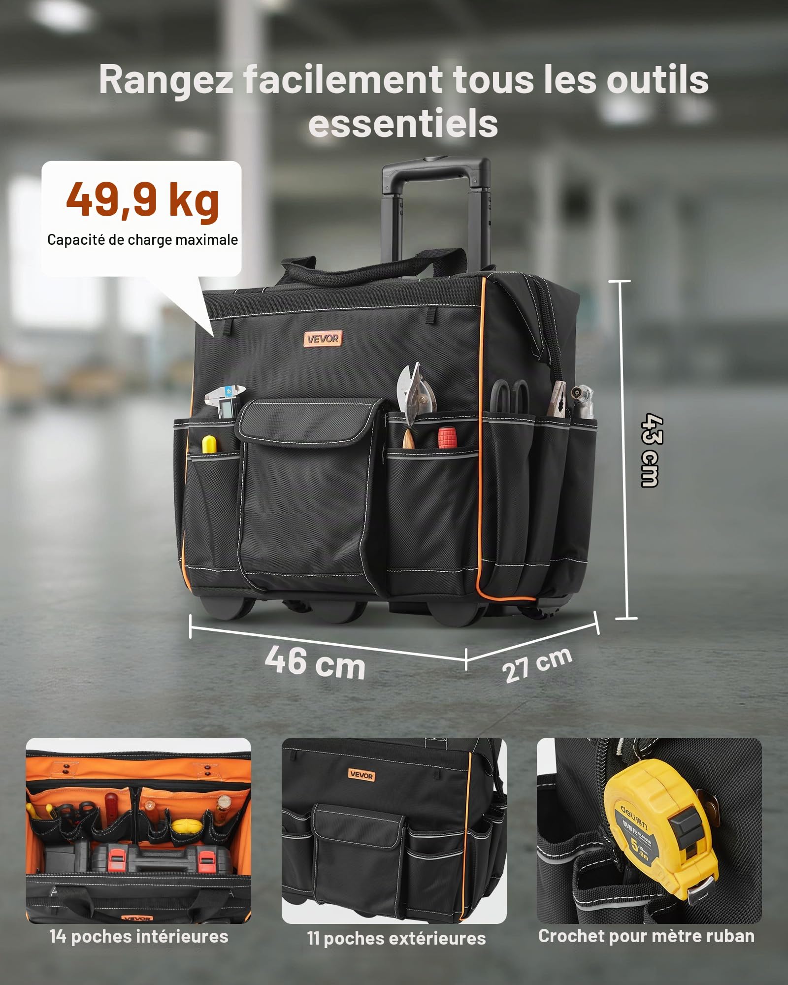 VEVOR Sac à Outils à Roulettes, Charge 50 kg, Caisse à Outil, 46x27x43 cm, avec 25 Poches, Poignée Télescopique, Base Stable, Sac Organisateur Outils Robuste pour Électriciens, Plombiers, Mécaniciens