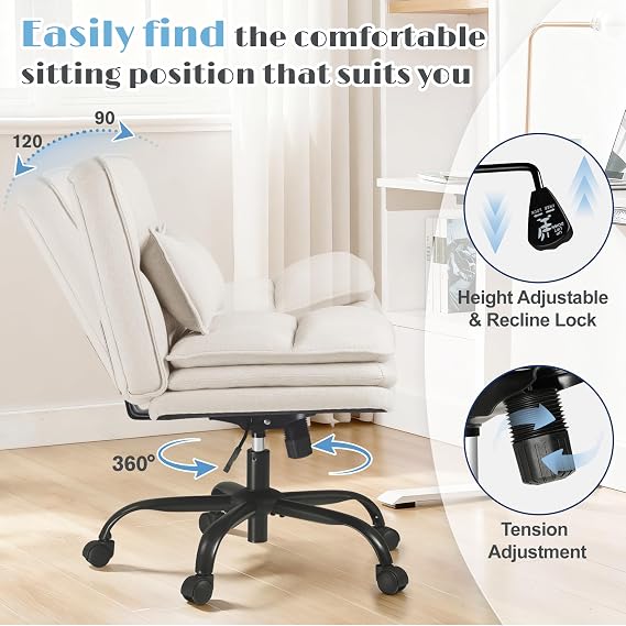Furmax Criss Cross Legged Office Chair with Wheels, Armless Extra Wide Seat Swivel Desk Chair, Adjustable Height Comfy Task Chair with Thick Cushion for Home Office Bedroom Vanity (Fabric, Beige)