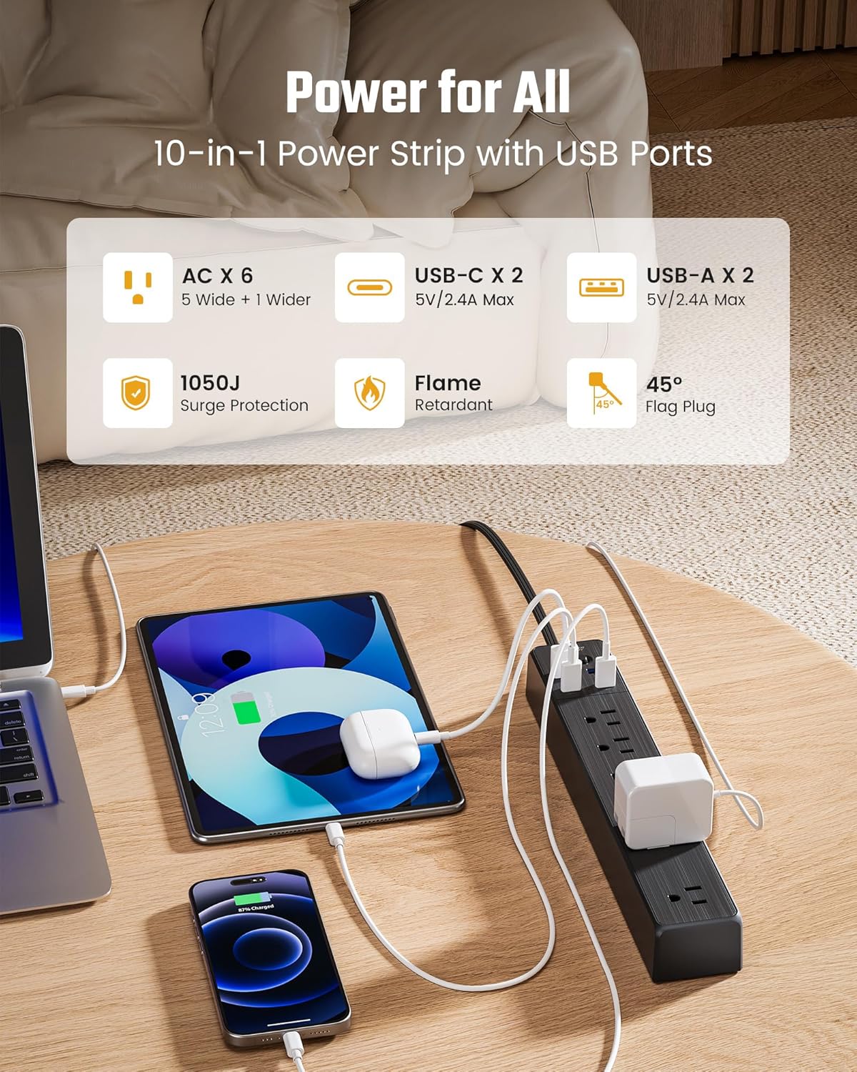 Power Strip, SUPERDANNY 6-Outlet Surge Protector, 4 USB Ports, 4.5 Ft Extension Cord, 900 Joules, Mountable, Overload Switch, Protected Indicator Light, Multiple Protections for Home Office, Black