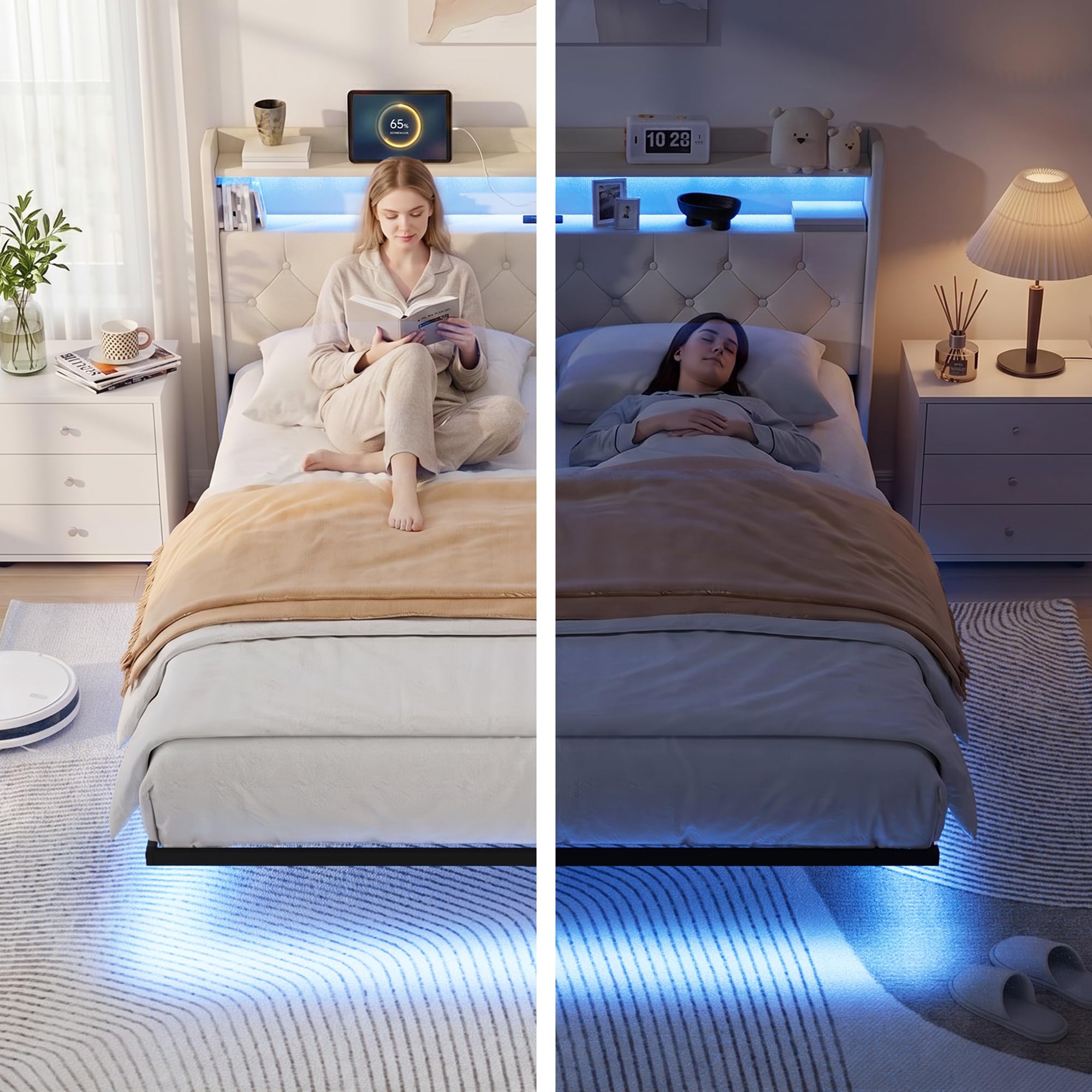 Xbro Łóżko 160x200 cm z pływającym, tapicerowane łóżko z oświetleniem LED i stacją ładującą (USB/wtyczka), wyściełany zagłówek z miejscem do przechowywania, Somier, ciemnoszary