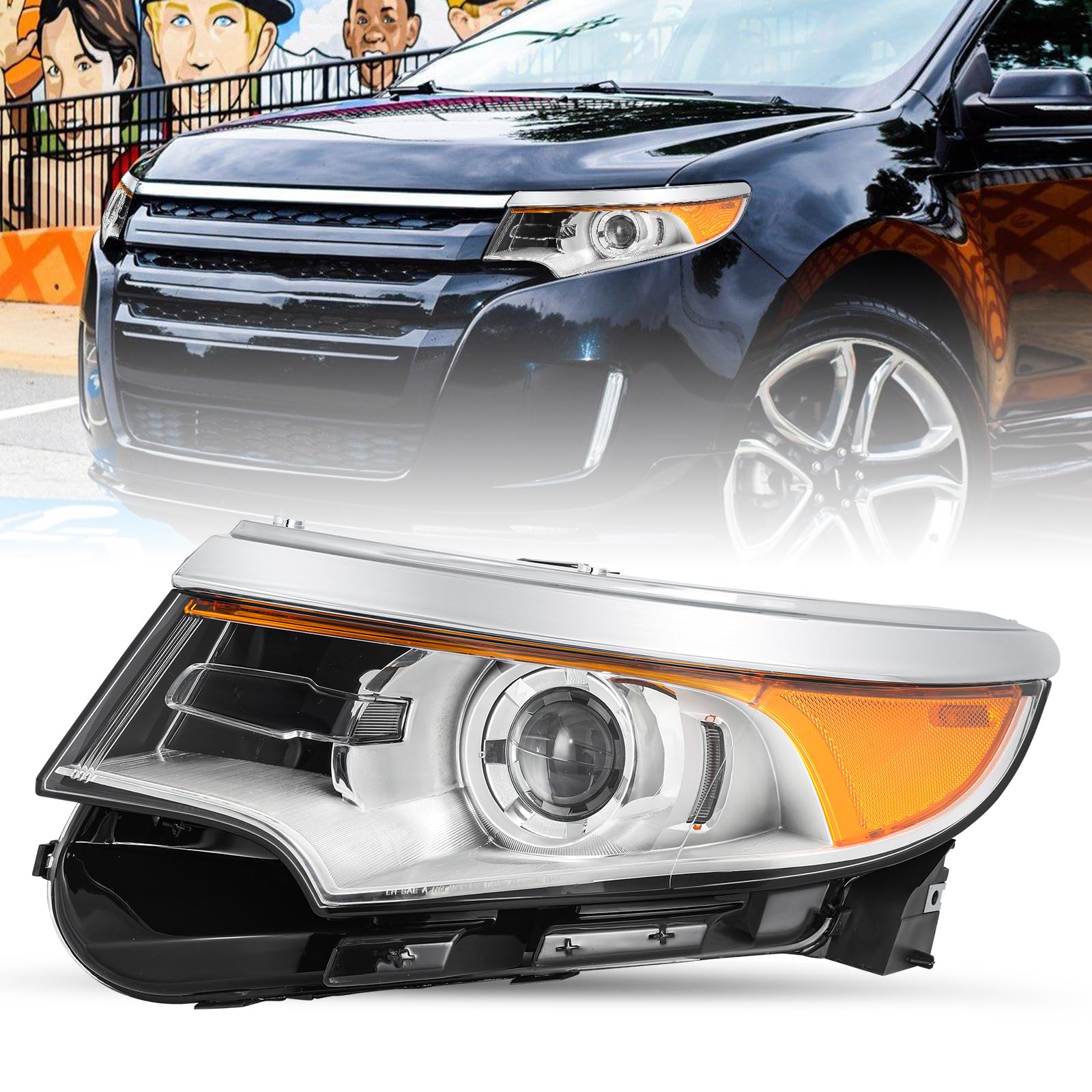 SOCKIR HID/Xenon Headlight Assembly w/o Blubs Fit for 2011 2012 2013 2014 Ford Edge Headlamp Replacement Chrome Housing with Amber Reflector (Left