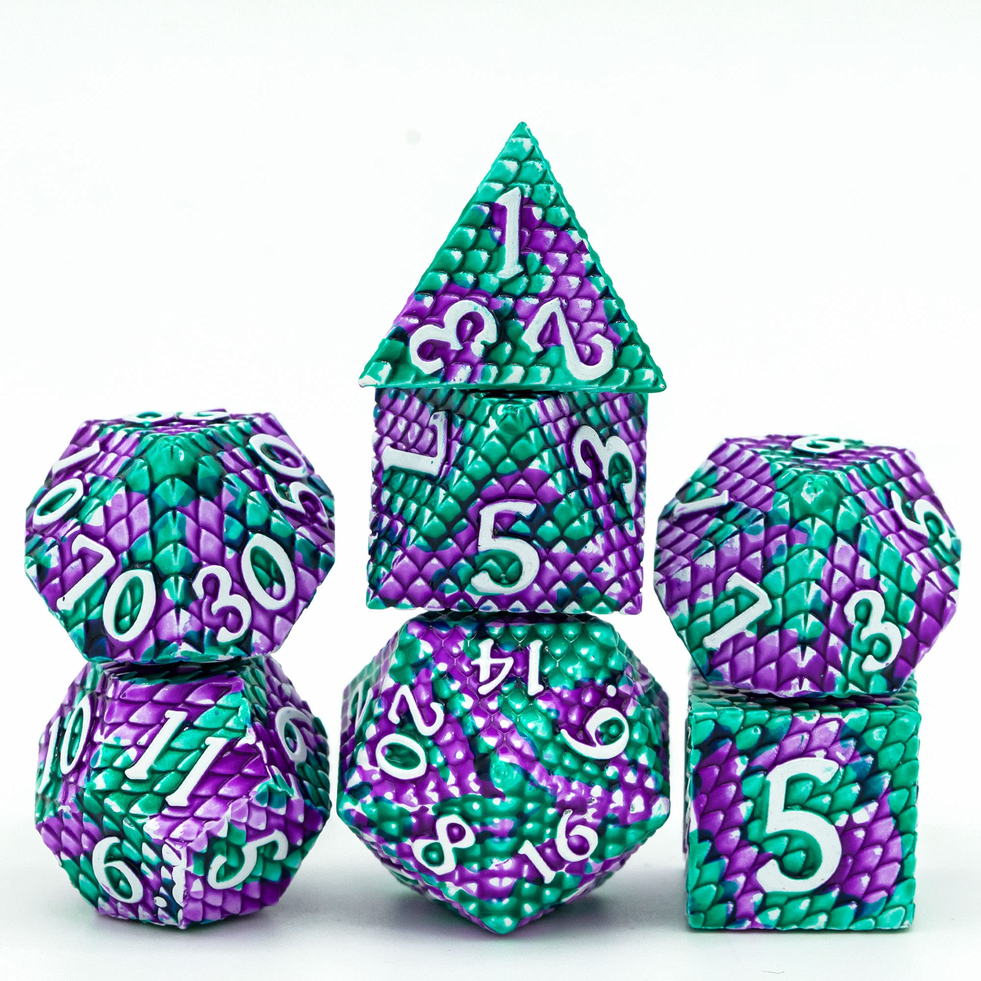 Cusdie Metal Dice Set, 7 Pcs DND Metal Dice, Dragon Scale Polyhedral Dice Set, for Role Playing Game D&D Dice (Purple/Green w/White Numbers)